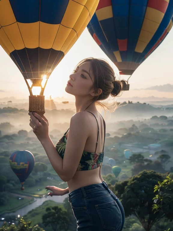 ((top-quality、in 8K、masterpiece:1.3、Raw photo))、Super high quality photos, Hot air balloon flying high above the vast jungle, Under the balloon is a vast tropical jungle, (Photorealistic: 1.4), (hyper realisitic: 1.4), (Realistic: 1.3), (Smooth lighting: 1.05), (Improved film illumination quality: 0. 9), 32K, (Quality Improvement: 1.4), Cinematic lighting、((Hot air balloon flying high above the vast jungle)), ((A female idol looking down inside the cage of one of the hot air balloons)), ((Perfect beauty)), ((Slim and beautiful proportions)),