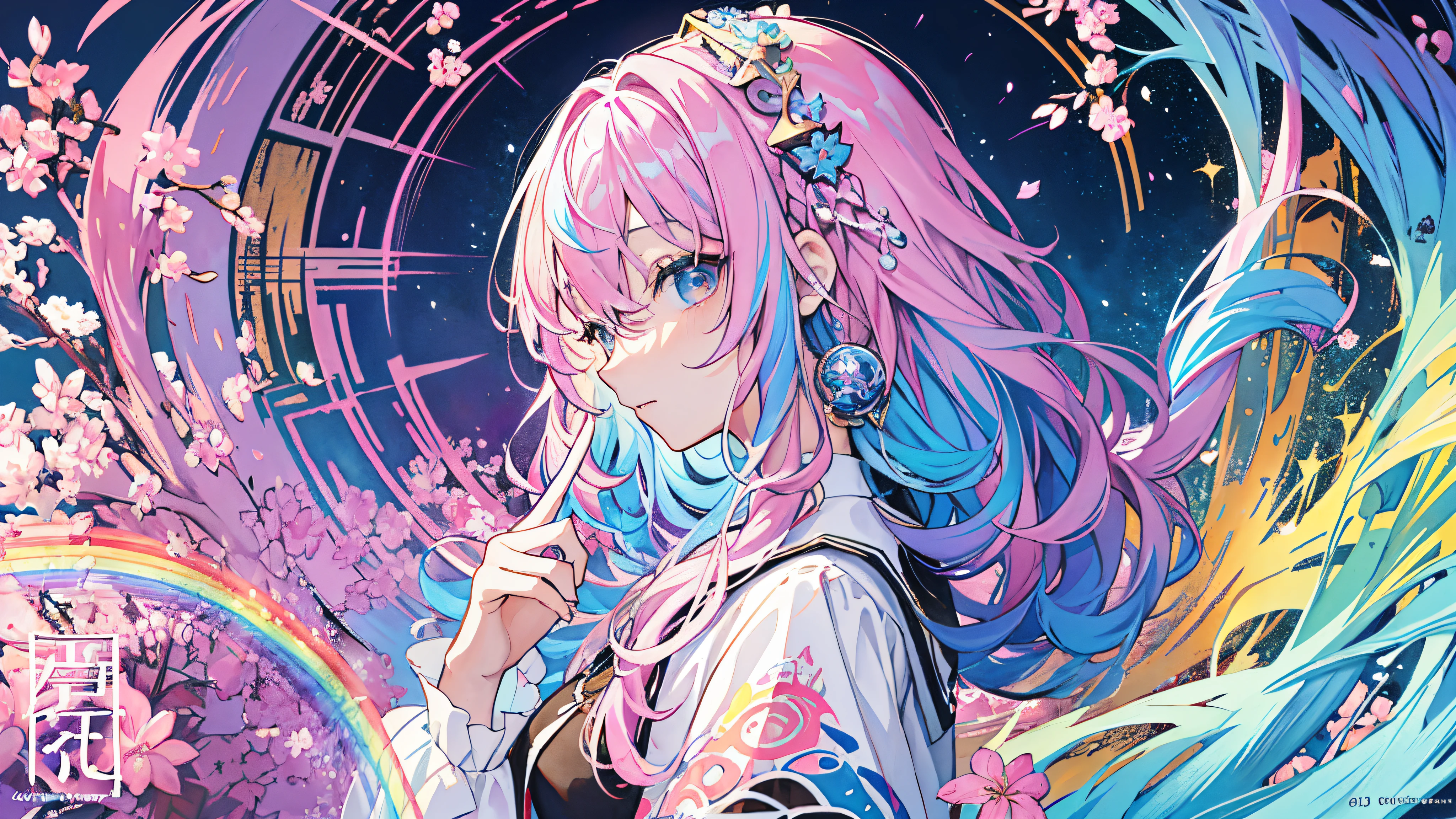 (masterpiece、top-quality、top-quality、watercolor paiting(Curly)、Official art、Beautifully Aesthetic:1.2)、(1girl in:1.3)、(Fractal Art:1.3)、The upper part of the body、From Side、looking at the viewers、patterns、(rainbow-colored hair、colourful hair、Half blue and half pink hair:1.2)、Eau、liquids、云、colourfull、starrysky、stele、Splashes of bright colors、Rough kanji、