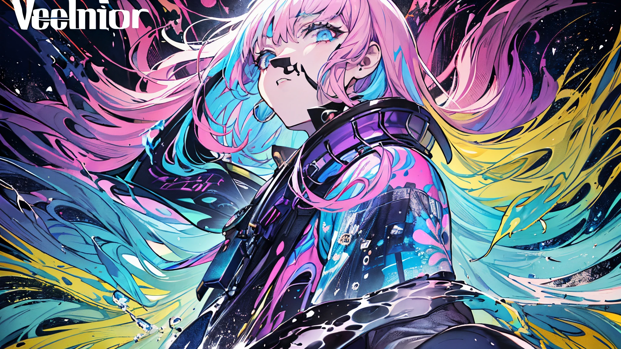 (​masterpiece、top-quality、top-quality、watercolor paiting(Curly)、 (magazine:1.3), (cover-style:1.3), ((((Dramatic)))、(((gritty)))、(((vehement)))、Official art、Beautifully Aesthetic:1.2)、(1girl in:1.3)、(Fractal Art:1.3)、The upper part of the body、From Side、looking at the viewers、patterns、(rainbow-colored hair、colourful hair、Half blue and half pink hair:1.2)、Eau、liquids、云、colourfull、starrysky、stele、Tastes like a movie poster with a young woman as the protagonist。She wears stylish and edgy clothes、I have a determined look on my face。Bright and grainy background、Makes you feel danger and strength。Text is bold and attention-grabbing、Has a catchy tagline that adds to the overall sense of drama and excitement。The color palette is predominantly bright、There are splashes of bright colors、It gives the poster a dynamic and visually striking look。Fashionable, with a vibrant, outfits, the pose, the front, Colorful, Dynamic, Background with, element,  accessorized, An majestic, coiled, surroundings, Touch, The scene, Texto, covers, It's bold, captures the attention, Titles, Stylish, Font, Catchy, headline, The large, Impressive, moderno, Trendy, Focus, lo fashion,