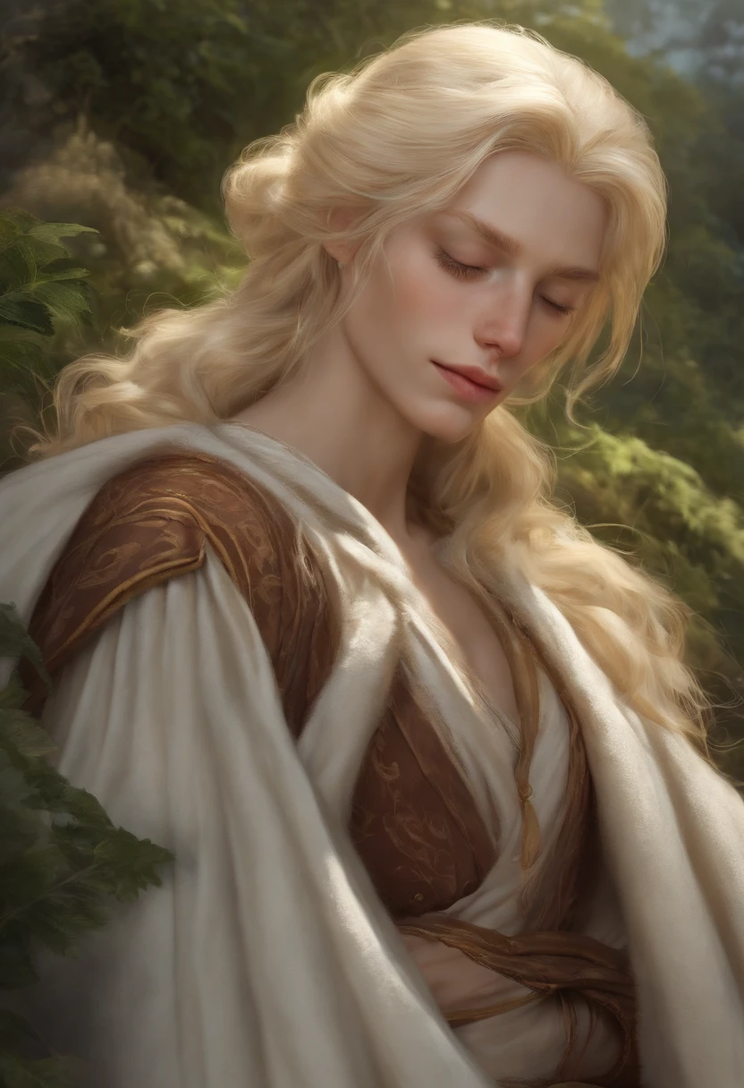 The image is of Ominis Gaunt taking a nap under a cozy blanket with a smile on his face.,original,Ominis is of average height and quite thin. His skin is very pale but he has a beauty marks. His hair is blonde and swept back. He is blind and his eyes are milky from his blindness.