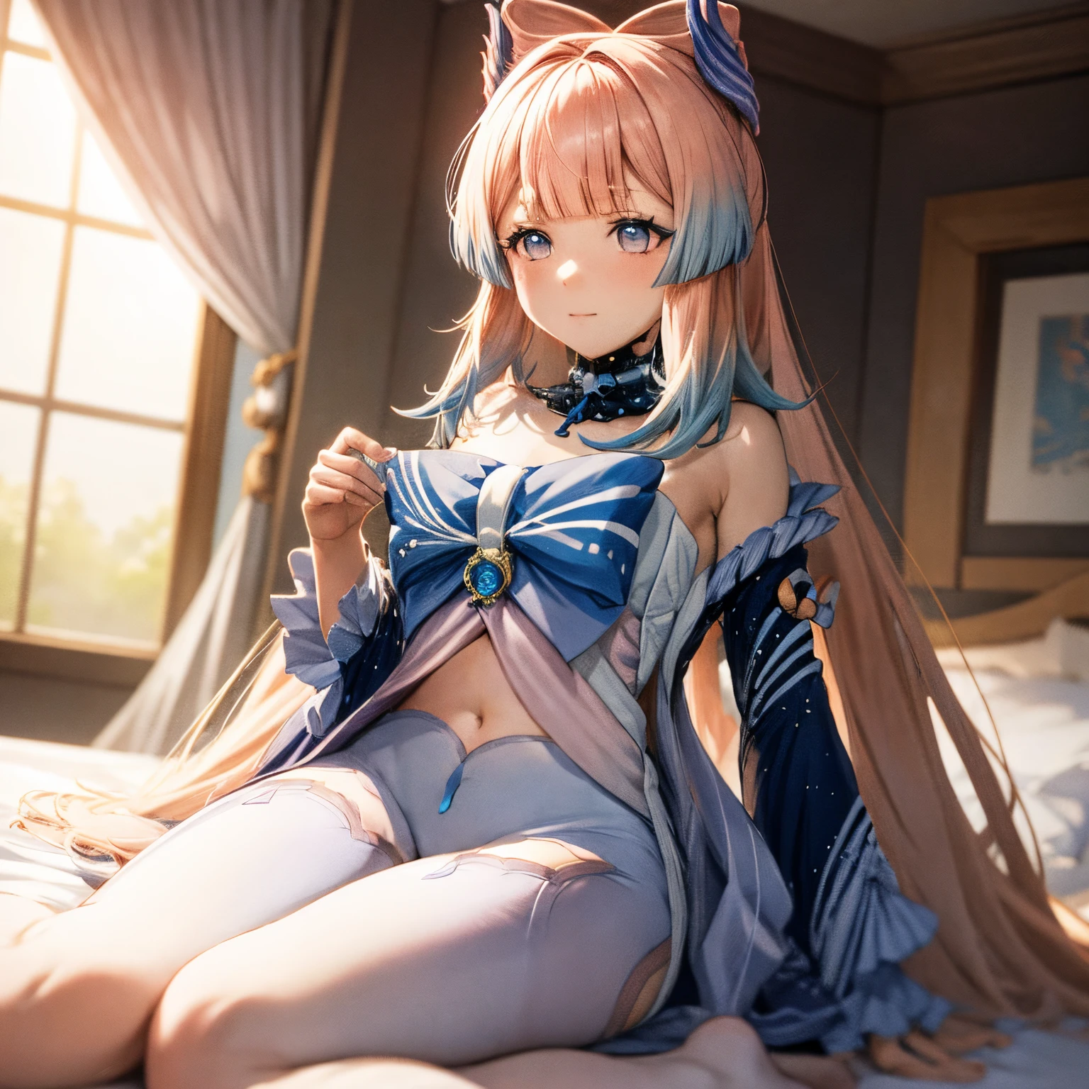 Anime girl sitting cross-legged on bed, seductive anime girl, pink hair, attractive anime girl, cute anime girl, anime girl, sitting on bedroll, (anime girl), anime best girl, sitting on bedroll, Sitting on the bed, an anime girl, pretty anime girl