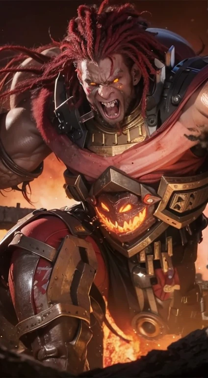 Moscular, red dreadlock hair,red body, monster face with fang