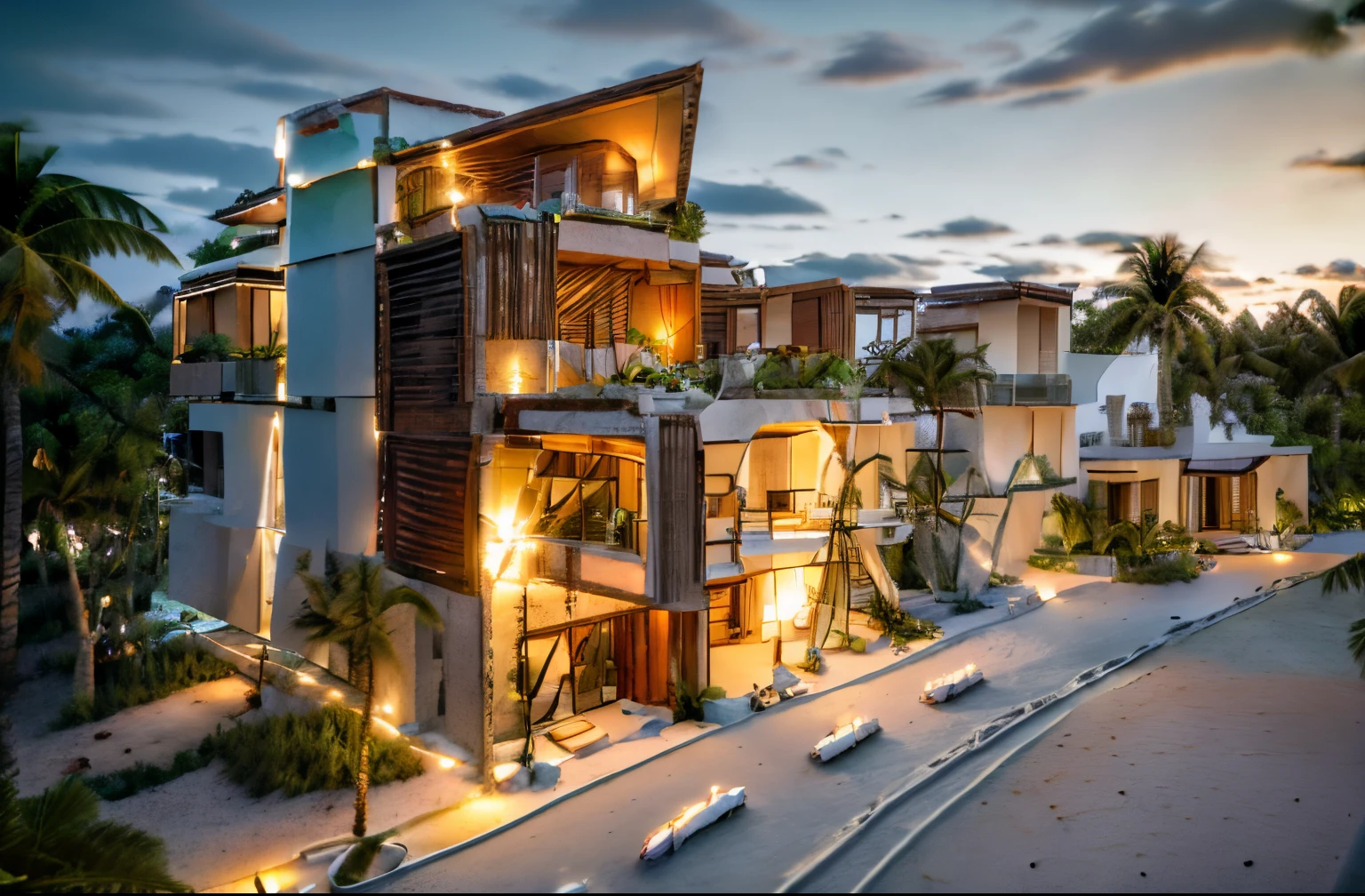 Boho house, luxury beach front Caribbean luxury villa, glass open space loft villa with roof garden, modern, dynamic (RAW photo, real, best quality, masterpiece:1.2), (hyper realistic, photo-realistic:1.2), high quality, (dark lighting:1.2), perfect lighting, archdaily, architecture digest award wining sustainable architecture, cinematic