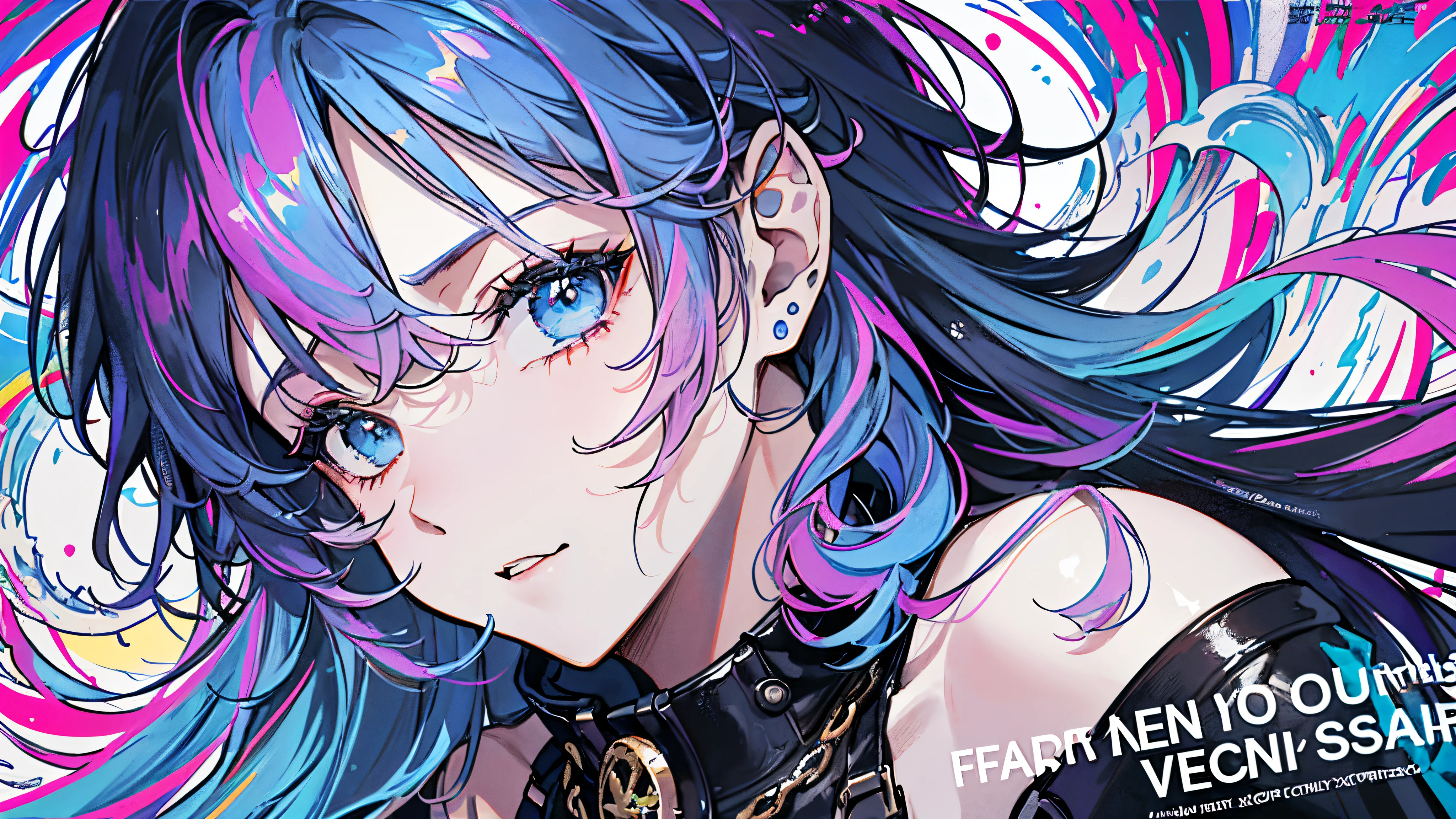 (​masterpiece、top-quality、top-quality、watercolor paiting(Curly)、 (magazine:1.3), (cover-style:1.3), ((((Dramatic)))、(((gritty)))、(((vehement)))、Official art、Beautifully Aesthetic:1.2)、(1girl in:1.3)、(Fractal Art:1.3)、The upper part of the body、From Side、looking at the viewers、patterns、(rainbow-colored hair、colourful hair、Half blue and half pink hair:1.2)、Eau、liquids、云、colourfull、starrysky、stele、Tastes like a movie poster with a young woman as the protagonist。She wears stylish and edgy clothes、I have a determined look on my face。Bright and grainy background、Makes you feel danger and strength。Text is bold and attention-grabbing、Has a catchy tagline that adds to the overall sense of drama and excitement。The color palette is predominantly bright、There are splashes of bright colors、It gives the poster a dynamic and visually striking look。Fashionable, with a vibrant, outfits, the pose, the front, Colorful, Dynamic, Background with, element,  accessorized, An majestic, coiled, surroundings, Touch, The scene, Texto, covers, It's bold, captures the attention, Titles, Stylish, Font, Catchy, headline, The large, Impressive, moderno, Trendy, Focus, lo fashion,
