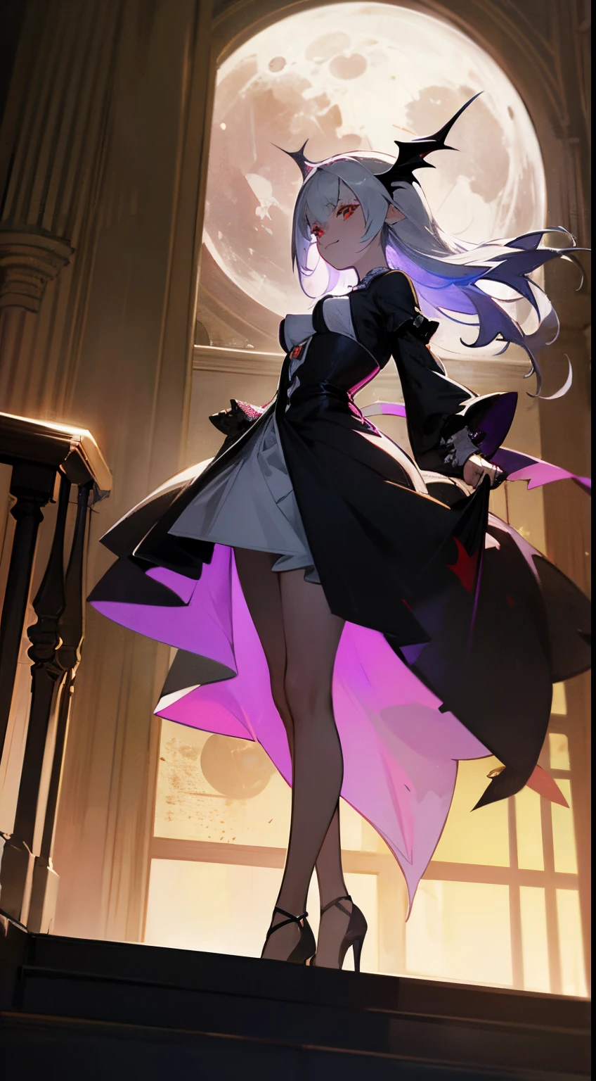 anime style; It's night, the little lighting comes from lit candles floating in the air; mysterious castle lobby; on the staircase in the center of the scene we see a vampire woman, pale face, bite marks on her neck, long and very straight hair, she wears a long transparent dress, through the transparency we can see large breasts with large nipples, a slit in the dress shows her legs , she wears red high-heeled shoes with a silver stare and a mischievous smile; add a tiny flying bat to the scene; add pictures to the scene on the walls; add to the scene a glass window showing the moon in the sky outside.