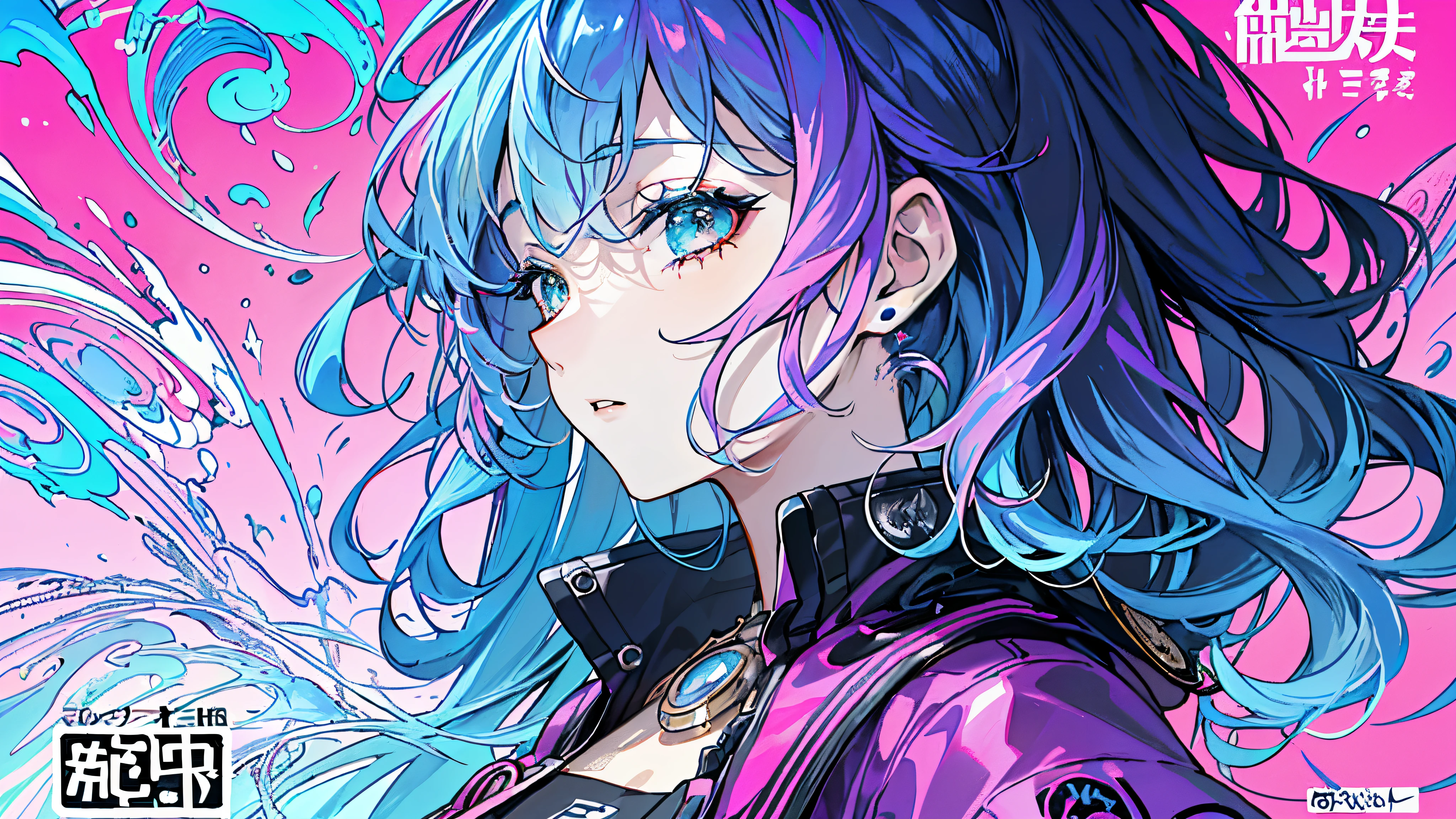 (​masterpiece、top-quality、top-quality、watercolor paiting(Curly)、 (magazine:1.3), (cover-style:1.3), ((((Dramatic)))、(((gritty)))、(((vehement)))、Official art、Beautifully Aesthetic:1.2)、(1girl in:1.3)、(Fractal Art:1.3)、The upper part of the body、From Side、looking at the viewers、patterns、(rainbow-colored hair、colourful hair、Half blue and half pink hair:1.2)、Eau、liquids、云、colourfull、starrysky、stele、Tastes like a movie poster with a young woman as the protagonist。She wears stylish and edgy clothes、I have a determined look on my face。Bright and grainy background、Makes you feel danger and strength。Text is bold and attention-grabbing、Has a catchy tagline that adds to the overall sense of drama and excitement。The color palette is predominantly bright、There are splashes of bright colors、It gives the poster a dynamic and visually striking look。Fashionable, with a vibrant, outfits, the pose, the front, Colorful, Dynamic, Background with, element,  accessorized, An majestic, coiled, surroundings, Touch, The scene, Texto, covers, It's bold, captures the attention, Titles, Stylish, Font, Catchy, headline, The large, Impressive, moderno, Trendy, Focus, lo fashion,