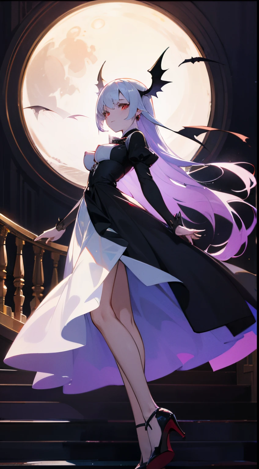 anime style; It's night, the little lighting comes from lit candles floating in the air; mysterious castle lobby; on the staircase in the center of the scene we see a vampire woman, pale face, bite marks on her neck, long and very straight hair, she wears a long transparent dress, through the transparency we can see large breasts with large nipples, a slit in the dress shows her legs , she wears red high-heeled shoes with a silver stare and a mischievous smile; add a tiny flying bat to the scene; add pictures to the scene on the walls; add to the scene a glass window showing the moon in the sky outside.