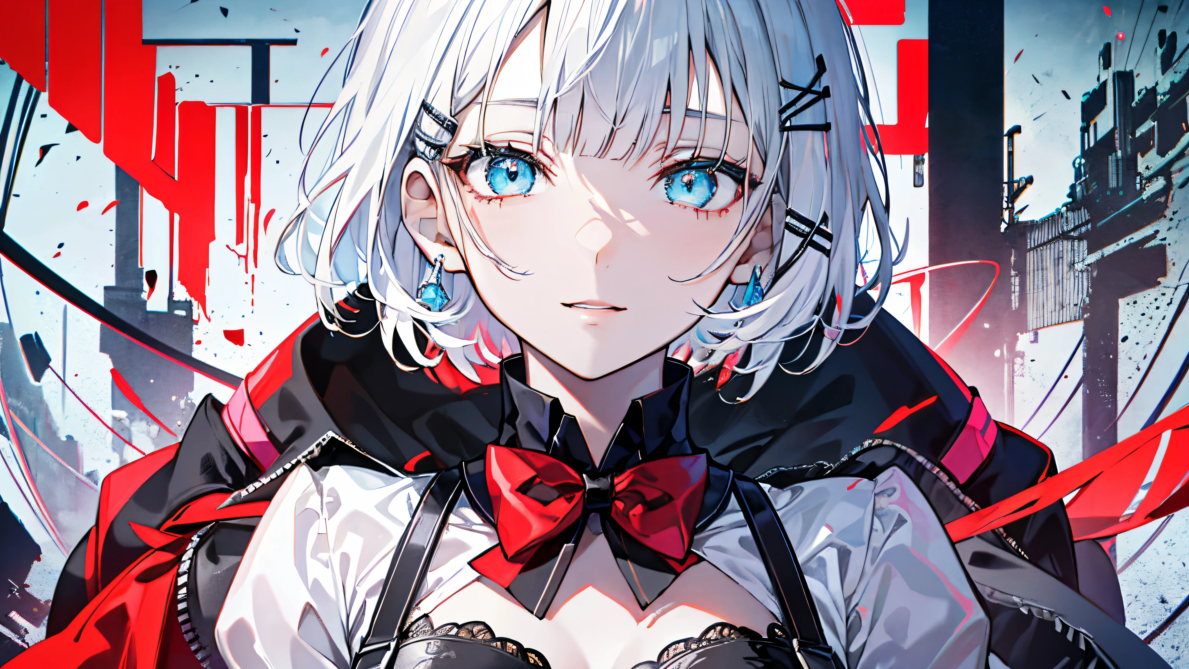 detectivesiesta, Smile, Short hair, Bangs, Blue eyes, Shirt, Hair Ornament, Long sleeves, Dress, Bow, White hair, hair clips, Blunt bangs, bowtie, Red bow, X Hair Ornament, red bowtie, siesta, (medium breasts⁩:1.2), BREAK looking at viewer, BREAK outside, BREAK (masutepiece:1.2), Best Quality, High resolution, Unity 8k壁纸, (Illustration:0.8), (Beautiful detailed eyes:1.6), extra detailed face, Perfect Lighting, extremely details CG, (Perfect hands, Perfect Anatomy),((((Dramatic)))、(((gritty)))、(((vehement)))Movie poster featuring a young woman as the main character。She stands confidently in the center of the poster.、Wear stylish and edgy outfits、I have a determined look on my face。The background is dark and rough、Makes you feel danger and strength。Text is bold and attention-grabbing、Has a catchy tagline that adds to the overall sense of drama and excitement。The color palette is predominantly bright、There are splashes of bright colors、It gives the poster a dynamic and visually striking look。 (magazine:1.3), (cover-style:1.3), Fashionable, femele, with a vibrant, outfits, the pose, the front, Colorful, Dynamic, Background with, element, I'm confident, expresive, ngel, statement, accessorized, An majestic, coiled, surroundings, Touch, The scene, Texto, covers, It's bold, captures the attention, Titles, Stylish, Font, Catchy, headline, The large, Impressive, moderno, Trendy, Focus, lo fashion,shorth hair、Bob Hair、White hair、bright light blue eyes