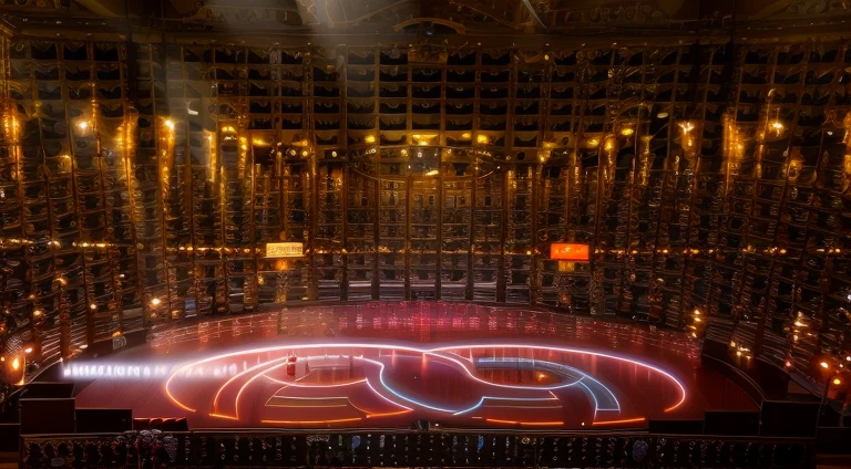 Close-up of stage with many lights, YouTube video screenshot, exhibition hall lighting,, stage light, , Hito Steyer, , Virtual scenes, screenshots from movies, , Stage background, lu ji,Illumination Show，Empty stage