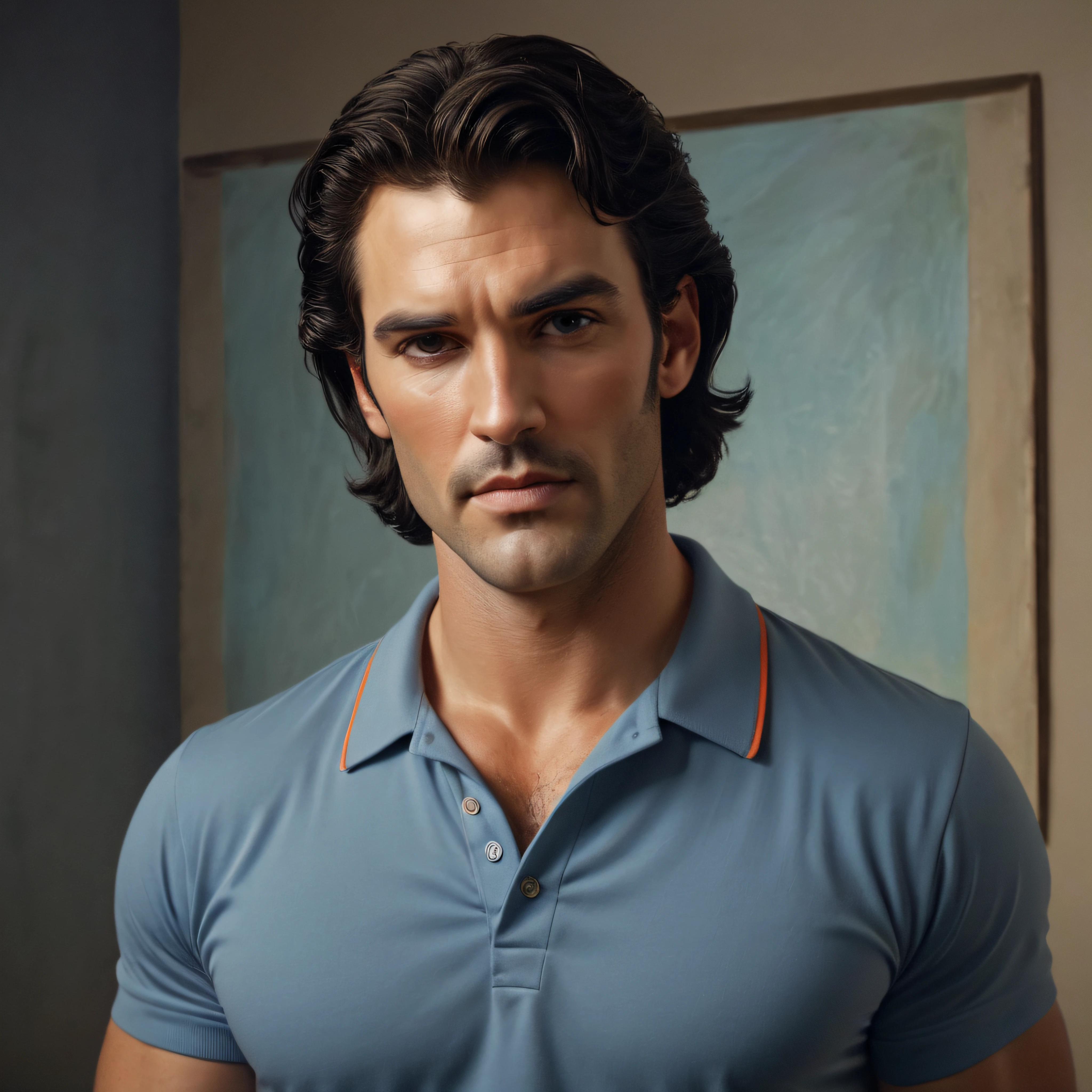 quarter body portrait, head to waist, 18-year-old Paul Stanley/Elvis Presley/Tom Selleck/Sam Elliot/Henry Cavill/Keanu Reeves/Dolph Lundgren/Tyler Hoechlin/Jon Bernthal hybrid man wearing a blue polo shirt, tan khaki pants, oil painting in the art style of Gilbert Stuart, 32k, UHD, hyper realistic, Photorealistic, sharp, vibrant, extremely colorful, highly detailed, professional quality, beautiful, awesome, majestic, superb, trending on artstation