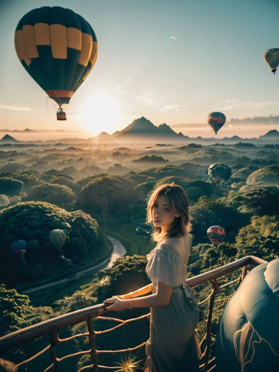 ((top-quality、in 8K、masterpiece:1.3、Raw photo))、Super high quality photos, Hot air balloon flying high above the vast jungle, Under the balloon is a vast tropical jungle, (Photorealistic: 1.4), (hyper realisitic: 1.4), (Realistic: 1.3), (Smooth lighting: 1.05), (Improved film illumination quality: 0. 9), 32K, (Quality Improvement: 1.4), Cinematic lighting、((Hot air balloon flying high above the vast jungle)), ((A female idol looking down inside the cage of one of the hot air balloons)), ((Perfect beauty)), ((Slim and beautiful proportions)),