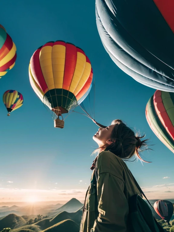 ((top-quality、in 8K、​masterpiece:1.3、Raw photo))、Super high quality photos, Hot air balloon flying high above the vast jungle, Under the balloon is a vast tropical jungle, (Photorealistic: 1.4), (hyper realisitic: 1.4), (Realistic: 1.3), (Smooth lighting: 1.05), (Improved film illumination quality: 0. 9), 32K, (Quality Improvement: 1.4), Cinematic lighting、((Hot air balloon flying high above the vast jungle)), ((A female idol looking down inside the cage of one of the hot air balloons)), ((Perfect beauty)), ((Slim and beautiful proportions)),