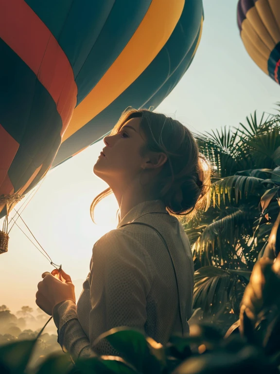 ((top-quality、in 8K、masterpiece:1.3、Raw photo))、Super high quality photos, Hot air balloon flying high above the vast jungle, Under the balloon is a vast tropical jungle, (Photorealistic: 1.4), (hyper realisitic: 1.4), (Realistic: 1.3), (Smooth lighting: 1.05), (Improved film illumination quality: 0. 9), 32K, (Quality Improvement: 1.4), Cinematic lighting、((Hot air balloon flying high above the vast jungle)), ((A female idol looking down inside the cage of one of the hot air balloons)), ((Perfect beauty)), ((Slim and beautiful proportions)),