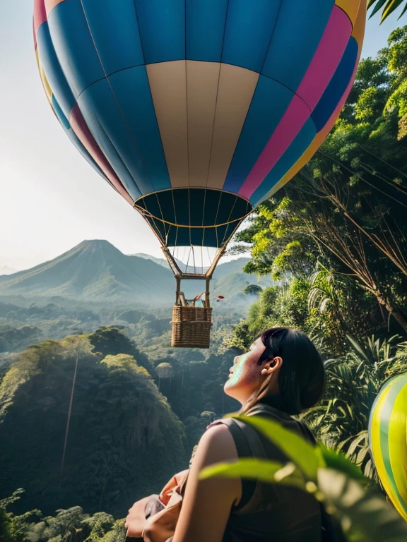 ((top-quality、in 8K、​masterpiece:1.3、Raw photo))、Super high quality photos, Hot air balloon flying high above the vast jungle, Under the balloon is a vast tropical jungle, (Photorealistic: 1.4), (hyper realisitic: 1.4), (Realistic: 1.3), (Smooth lighting: 1.05), (Improved film illumination quality: 0. 9), 32K, (Quality Improvement: 1.4), Cinematic lighting、((Hot air balloon flying high above the vast jungle)), ((Japanese female idol looking down inside one of the hot air balloon cages)), ((Perfect beauty)), ((Slim and beautiful proportions)),