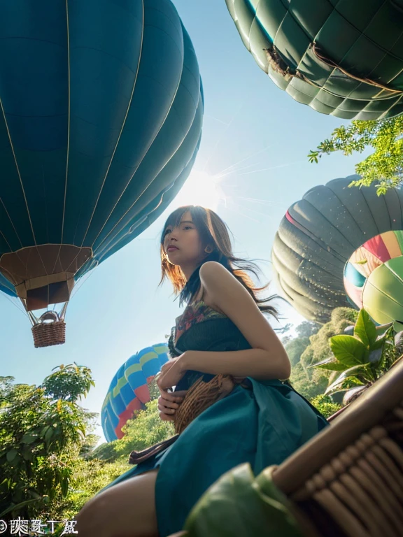 ((top-quality、in 8K、​masterpiece:1.3、Raw photo))、Super high quality photos, Hot air balloon flying high above the vast jungle, Under the balloon is a vast tropical jungle, (Photorealistic: 1.4), (hyper realisitic: 1.4), (Realistic: 1.3), (Smooth lighting: 1.05), (Improved film illumination quality: 0. 9), 32K, (Quality Improvement: 1.4), Cinematic lighting、((Hot air balloon flying high above the vast jungle)), ((Japanese female idol looking down inside one of the hot air balloon cages)), ((Perfect beauty)), ((Slim and beautiful proportions)),