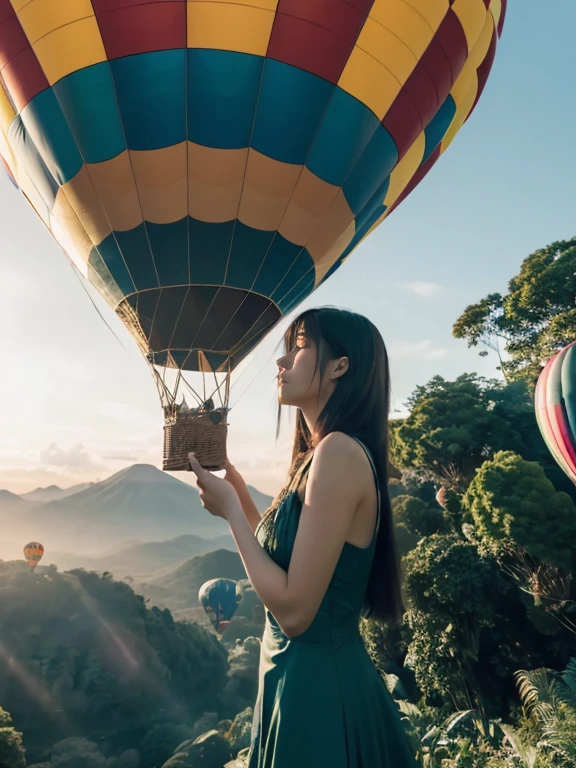 ((top-quality、in 8K、masterpiece:1.3、Raw photo))、Super high quality photos, Hot air balloon flying high above the vast jungle, Under the balloon is a vast tropical jungle, (Photorealistic: 1.4), (hyper realisitic: 1.4), (Realistic: 1.3), (Smooth lighting: 1.05), (Improved film illumination quality: 0. 9), 32K, (Quality Improvement: 1.4), Cinematic lighting、((Hot air balloon flying high above the vast jungle)), ((Japanese female idol looking down inside one of the hot air balloon cages)), ((Perfect beauty)), ((Slim and beautiful proportions)),