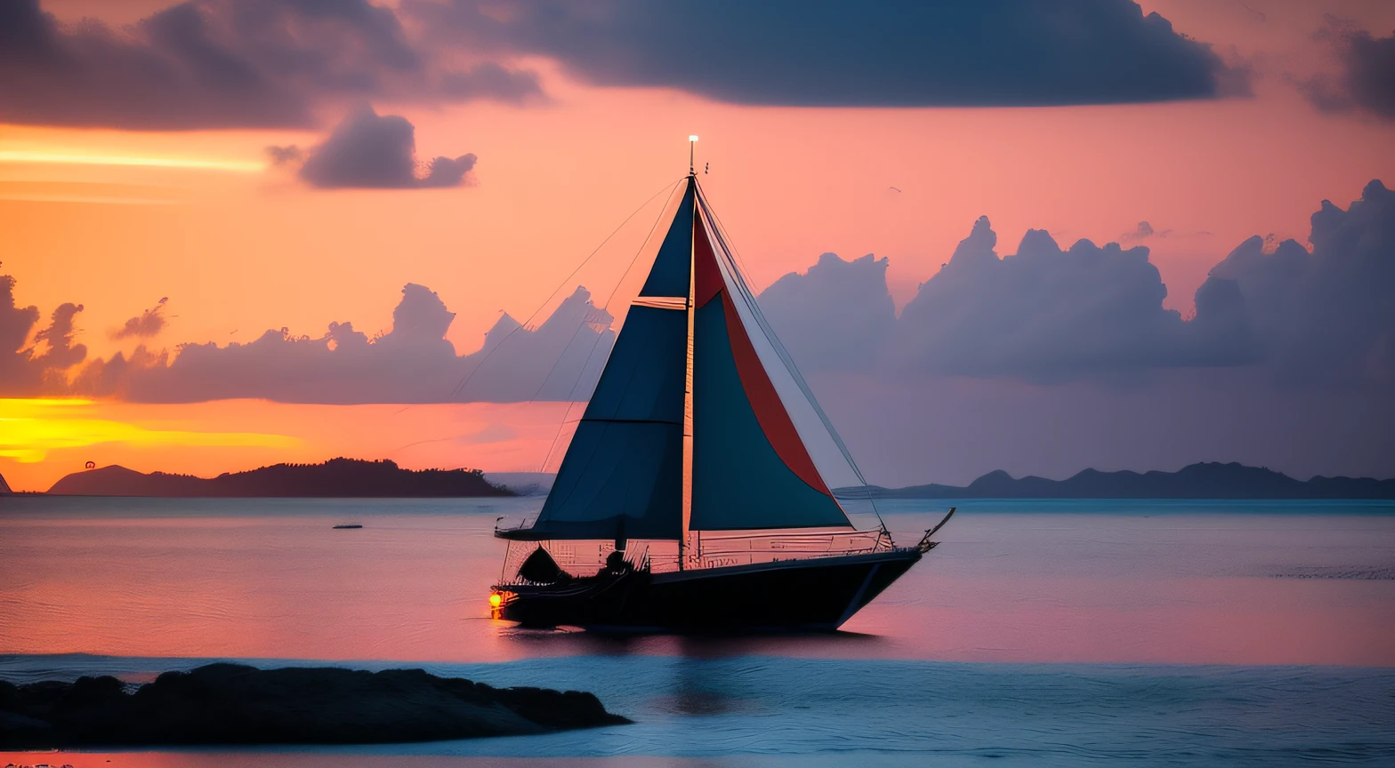 late sunset，There is a sailboat sailing in the sea, Boracay’s Golden Hour, Primetime shooting, at sunrise, during dawn, as the sun sets on the horizon, author：Eddie Mendoza, golden time, twilight rays, Heading towards the setting sun, Shot with Canon EOA 6 D Mark II, YouTube video screenshot, at sunrise