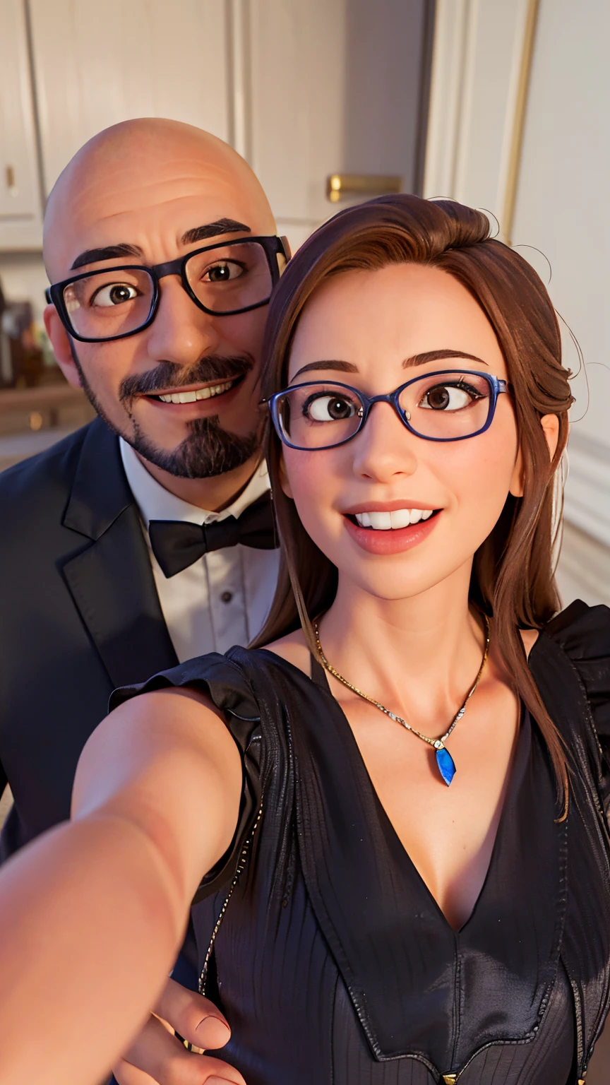 smiling man and woman posing for a selfie in a formal dress, profile image, photo taken in 2 0 2 0, profile picture, happy couple, 8k selfie photograph, portait photo profile picture, headshot profile picture, with nerdy! glasses! and goatee, profile pic, by Nándor Katona, lovely couple, couple portrait, accidental selfie