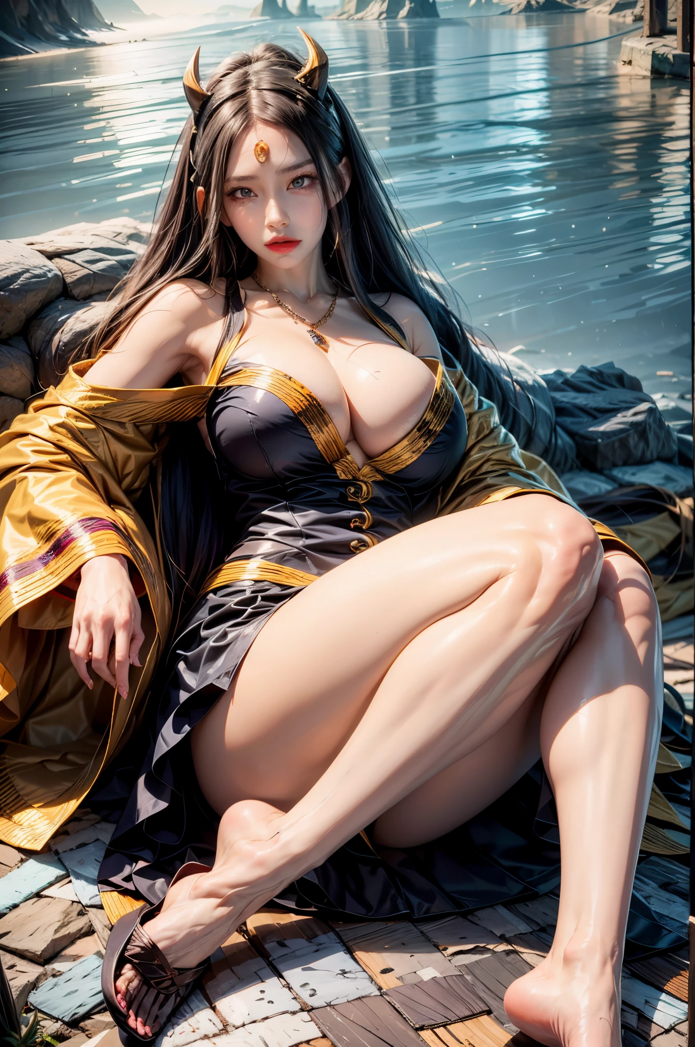 realistic, 1girls, best quality, 12k, HD, long hair, big round breasts, cleavage, ponytail, necklace, jewelry, shorts, short jacket, slim hips, hair tie, yellow eyes, black hair, super detailed, Detail eyes, hair details, person details, mouth details, face details, breast details, clothes details, hair details, pants details, hand details, whole body