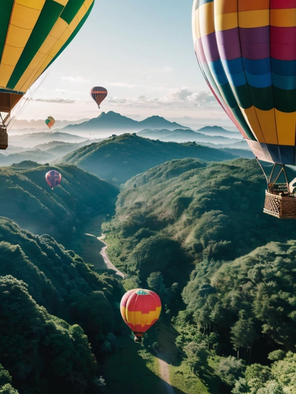 ((top-quality、in 8K、masterpiece:1.3、Raw photo))、Super high quality photos, Hot air balloon flying high above the vast jungle, Under the balloon is a vast tropical jungle, (Photorealistic: 1.4), (hyper realisitic: 1.4), (Realistic: 1.3), (Smooth lighting: 1.05), (Improved film illumination quality: 0. 9), 32K, (Quality Improvement: 1.4), Cinematic lighting、((Hot air balloon flying high above the vast jungle)), ((Japanese female idol looking down inside one of the hot air balloon cages)), ((Perfect beauty)), ((Slim and beautiful proportions)),