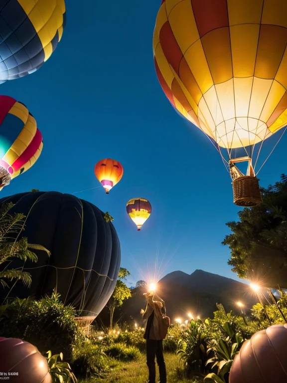 ((top-quality、in 8K、masterpiece:1.3、Raw photo))、Super high quality photos, Hot air balloon flying high above the vast jungle, Under the balloon is a vast tropical jungle, (Photorealistic: 1.4), (hyper realisitic: 1.4), (Realistic: 1.3), (Smooth lighting: 1.05), (Improved film illumination quality: 0. 9), 32K, (Quality Improvement: 1.4), Cinematic lighting、((Hot air balloon flying high above the vast jungle)), ((Japanese female idol looking down inside one of the hot air balloon cages)), ((Perfect beauty)), ((Slim and beautiful proportions)),