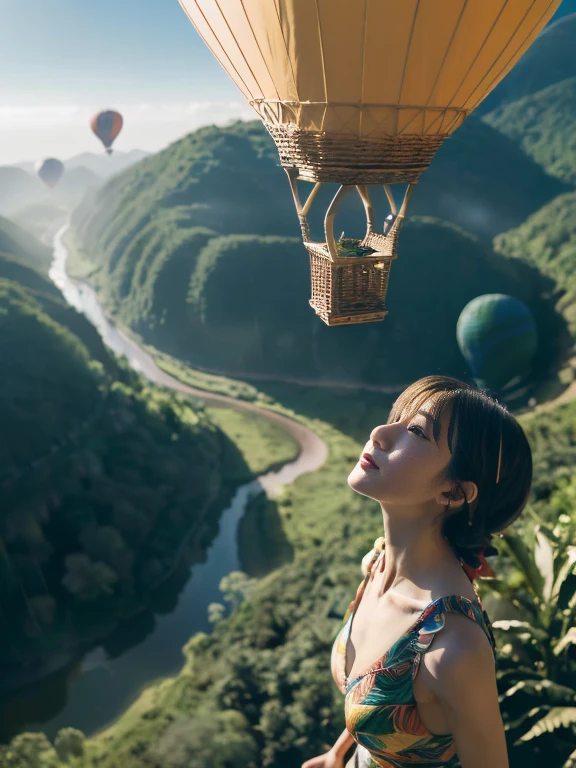 ((top-quality、in 8K、masterpiece:1.3、Raw photo))、Super high quality photos, Hot air balloon flying high above the vast jungle, Under the balloon is a vast tropical jungle, (Photorealistic: 1.4), (hyper realisitic: 1.4), (Realistic: 1.3), (Smooth lighting: 1.05), (Improved film illumination quality: 0. 9), 32K, (Quality Improvement: 1.4), Cinematic lighting、((Hot air balloon flying high above the vast jungle)), ((Japanese female idol looking down inside one of the hot air balloon cages)), ((Perfect beauty)), ((Slim and beautiful proportions)),