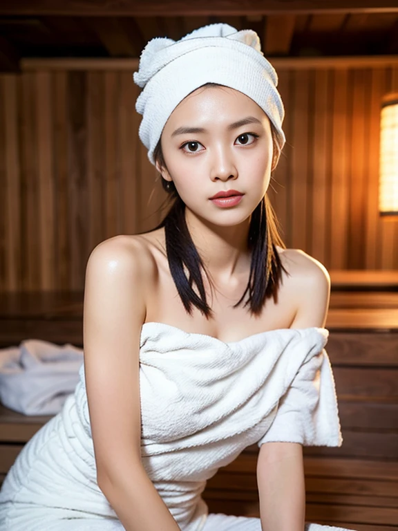 1 Girl, alone, (masterpiece, Highest quality, 8K,,Realistic, Real Girls, mulberry:1.37), Looking up at the audience, Cute 18 year old Japanese, Slim figure: 1.1, Small breasts, Sitting, sauna, double eyelid, Droopy eyes, Black-haired, (Sweaty face, Sweaty body: 1.2): 0.2, (White oversized towel dress, Strapless), (Small in size, White Towel Turban: 1.1), Finnish sauna, Realistic body, Compensate, Gloss Lip, Focus on the face, Makes your face smaller, Sharp focus, Layered Cut, Facing the audience, The sauna has the following.., Photographed from the front、smile、Natural light