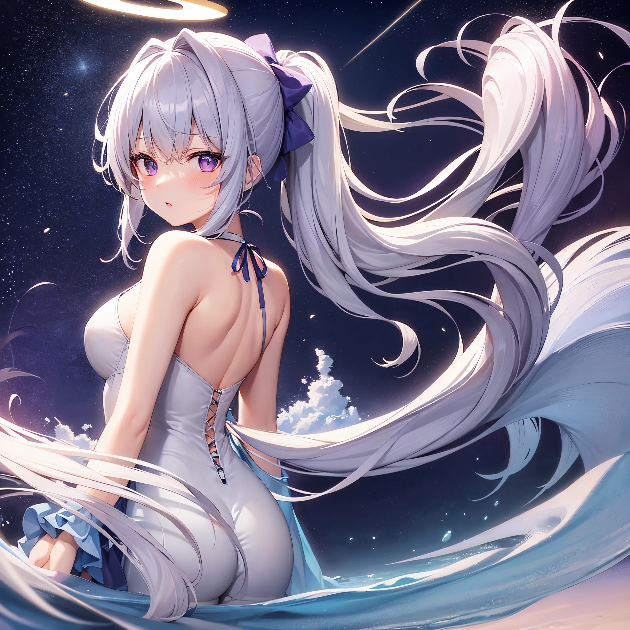 best quality, masterpiece, highres, solo, {miyako_bluearchive:1.15}, long_hair, halo, purple_eyes, white_hair, bangs, bow, blush, hair_bow, ponytail, swimsuit, one-piece_swimsuit, breasts, grey_hair, 1girl, looking_at_viewer, portrait, bare_shoulders, blue_bow, parted_lips, looking_back, off_shoulder