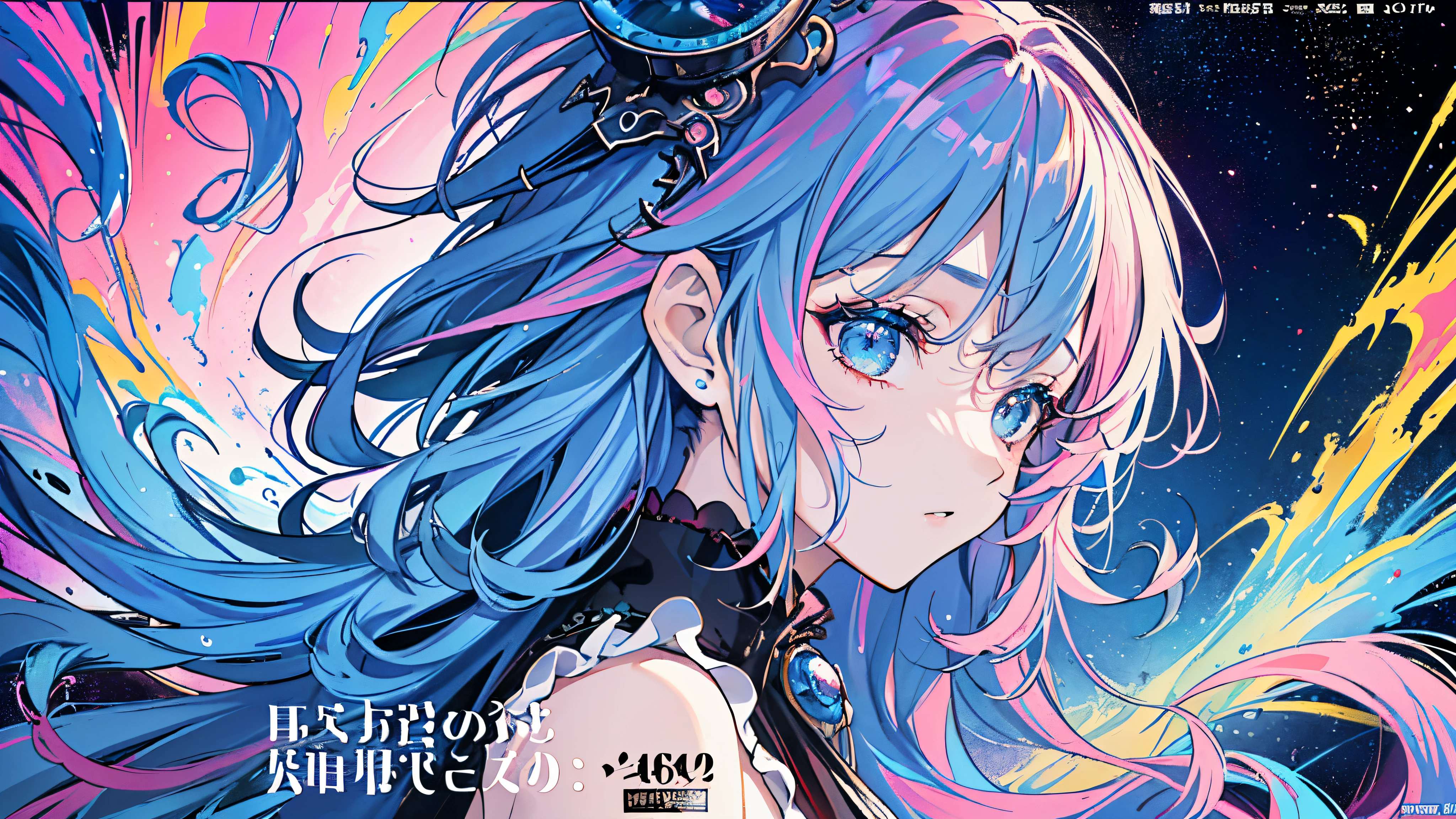 (masterpiece、top-quality、top-quality、watercolor paiting(Curly)、 (magazine:1.3), (cover-style:1.3), ((((Dramatic)))、(((gritty)))、(((vehement)))、Official art、Beautifully Aesthetic:1.2)、(1girl in:1.3)、(Fractal Art:1.3)、The upper part of the body、From Side、looking at the viewers、patterns、(rainbow-colored hair、colourful hair、Half blue and half pink hair:1.2)、Eau、liquids、云、colourfull、starrysky、stele、Tastes like a movie poster with a young woman as the protagonist。She wears stylish and edgy clothes、I have a determined look on my face。Bright and grainy background、Makes you feel danger and strength。Text is bold and attention-grabbing、Has a catchy tagline that adds to the overall sense of drama and excitement。The color palette is predominantly bright、There are splashes of bright colors、It gives the poster a dynamic and visually striking look。Fashionable, with a vibrant, outfits, the pose, the front, Colorful, Dynamic, Background with, element, accessorized, An majestic, coiled, surroundings, Touch, The scene, Texto, covers, It's bold, captures the attention, Titles, Stylish, Font, Catchy, headline, The large, Impressive, moderno, Trendy, Focus, lo fashion,