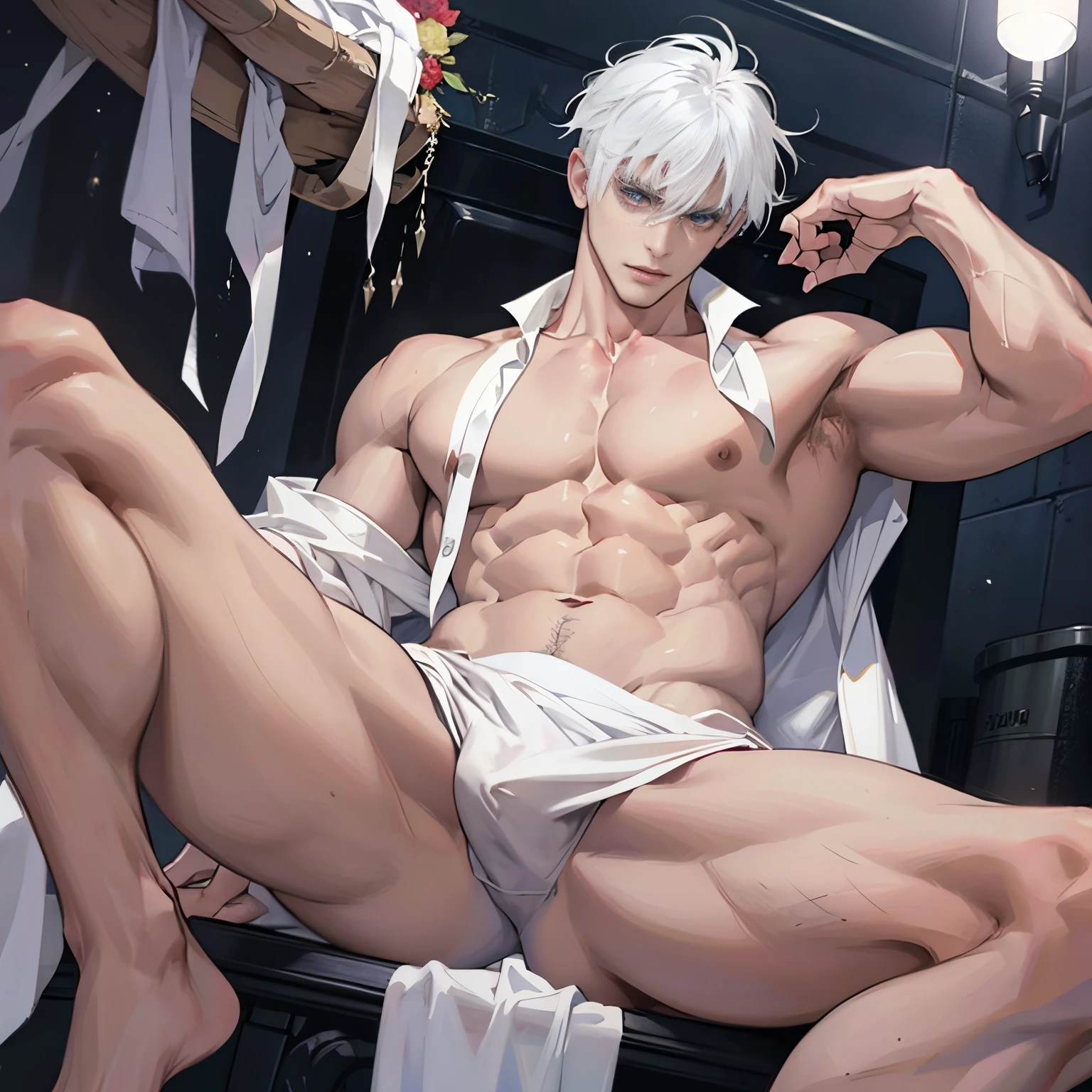 a naked demon boy , White hair , sexy for , The cleavage is tempting , Bare-chested , perspired , Bigboobs , large bulge , spread their legs , Look from the bottom up , bigger