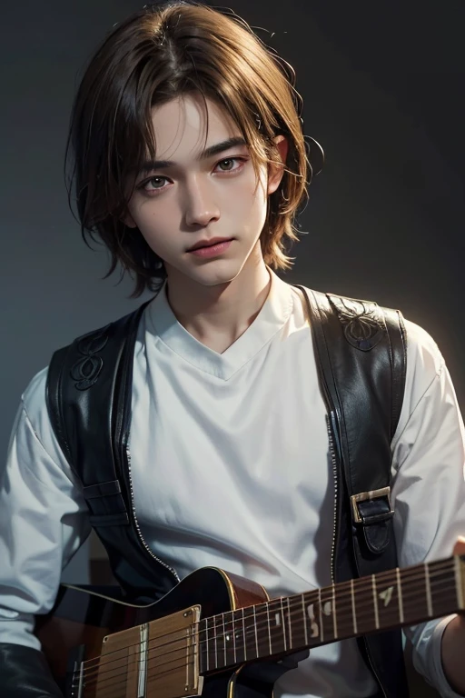 1boy, 17 years old, teenager, light brown hair, Solo Focus Teenager Face, White shirt, Handsome, Smiling, Realistic, dynamic pose realistic, Detailed and correct facial structure, Leon S. Kennedy, Handsome, Extremely detailed, Dynamic Angle, cowboyshot, The most beautiful forms, Elegant, vivd colour, romanticism, by james jean, roby dwi antono, by Ross Tran, Francis Bacon, michal mraz, Adrian Ghenny, petra cortright, Gerhard Richter, Takato Yamamoto, Ashley Wood, Atmospheric
