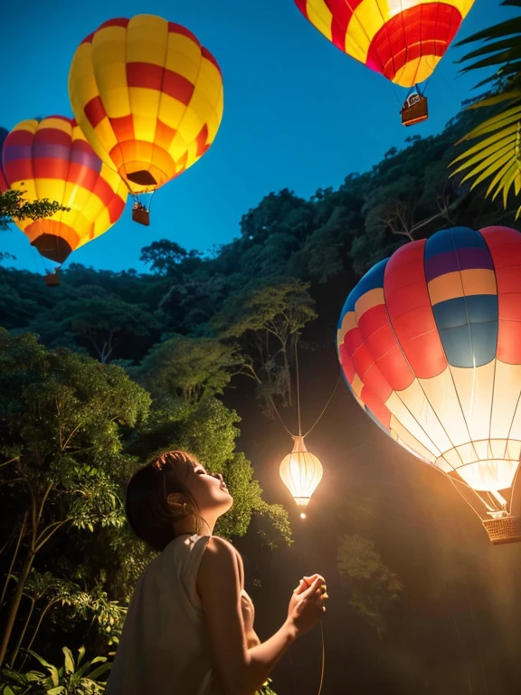 ((top-quality、in 8K、masterpiece:1.3、Raw photo))、Super high quality photos, Hot air balloon flying high above the vast jungle, Under the balloon is a vast tropical jungle, (Photorealistic: 1.4), (hyper realisitic: 1.4), (Realistic: 1.3), (Smooth lighting: 1.05), (Improved film illumination quality: 0. 9), 32K, (Quality Improvement: 1.4), Cinematic lighting、((Hot air balloon flying high above the vast jungle)), ((Japanese female idol looking down inside one of the hot air balloon cages)), ((Perfect beauty)), ((Slim and beautiful proportions)),