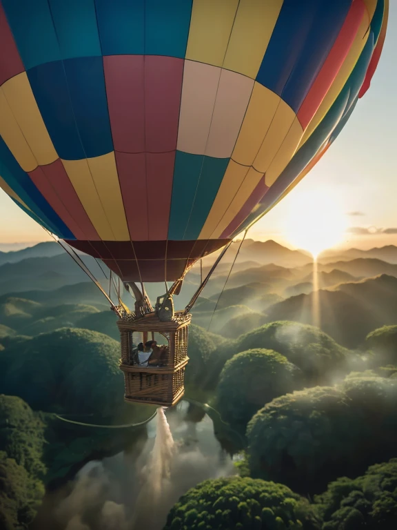 ((top-quality、in 8K、masterpiece:1.3、Raw photo))、Super high quality photos, Hot air balloon flying high above the vast jungle, Under the balloon is a vast tropical jungle, (Photorealistic: 1.4), (hyper realisitic: 1.4), (Realistic: 1.3), (Smooth lighting: 1.05), (Improved film illumination quality: 0. 9), 32K, (Quality Improvement: 1.4), Cinematic lighting、((Hot air balloon flying high above the vast jungle)), ((Japanese female idol looking down inside one of the hot air balloon cages)), ((Perfect beauty)), ((Slim and beautiful proportions)),