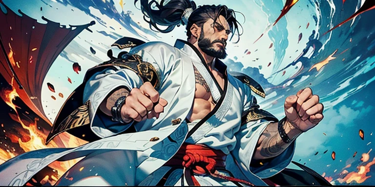 tmasterpiece, Best quality at best, hyper-detailing, CG illustration, Proper shading, Best quality,8K,tmasterpiece,Master illustration,rich graphics,1人,Thick eyebrows,Gray eyebrows,Blackbeard,Bearded,big beard,Real men,Tough guy,Handsome,chest muscle,Abs,open your chest,tattoo is,A majestic countenance,Faust,bandagens,angry look,Taoist,Taoist robes,robe,Black and white,taichi,Martial artist