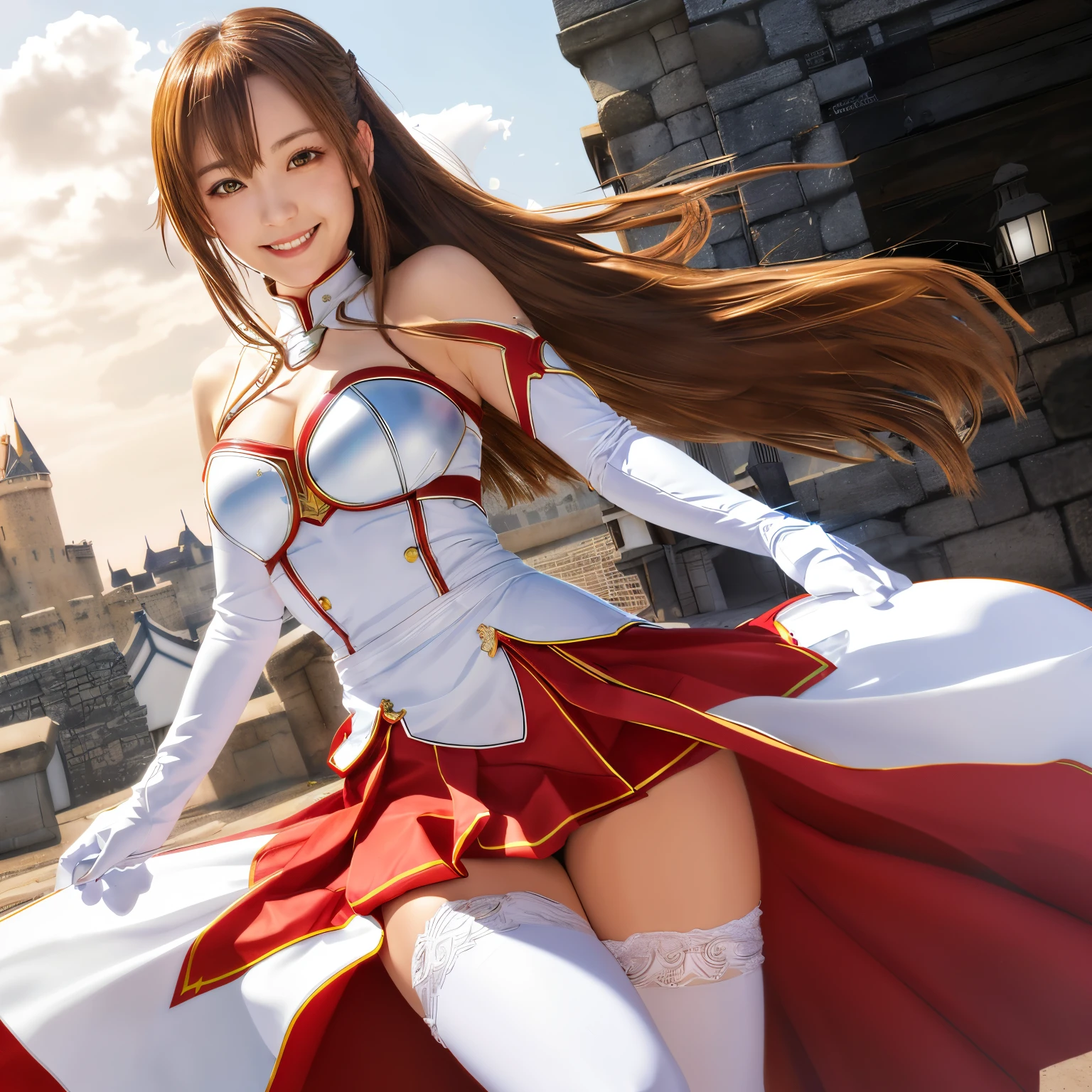 top-quality, 8K, ultra-detailliert, Photorealsitic, Asuna Yuki, perfect anatomia, ultra-detailliert, 1girl in, Solo, breasts, athletic bodies, Good hands, Long hair, medium breasts, Looking at Viewer, Bangs, Brown hair, thighs thighs thighs thighs, gloves, Dress, cleavage, Bare shoulders, Brown eyes, Very long hair, cross one's legs, White Gloves, White Dress, white breastplate armor, white thighhig, garter strap, White armor, Face Focus, beautiful smiling face, Have a rapier, (white flash effect:1.3)