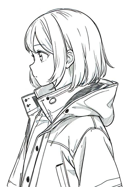 masterpiece, 1girl in, 独奏, shorth hair, Profile close-up white background, parka, monochromes, line-drawing, ((Sketched))