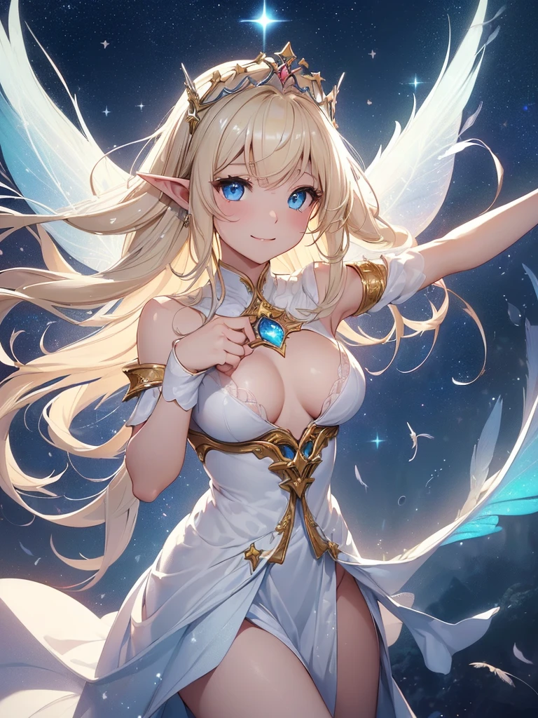 top-quality、Top image quality、masterpiece、Full body naked girl((20yr old、Best Bust、big bast、Bust 90,Beautiful blue eyes、,Blonde long hair、A slender、Fairy feathers、fly in the sky in close-up、sideways Facing、Floating in the light、beautiful tiara、hiquality、Beautiful Art、Background with((starrysky)))masutepiece、visualart、depth of fields、sky at night、、 、low angles、A sexy、Elven ears、Feathers glow in iridescent colors、light magic、kosmos、mid night、harp melody🎵、Fun Concerts、Happy smile、Gentle light、Emitting a magical light、Dancing hard、White dress with open chest、Beautiful skins、beutiful breast、beautiful foot.orgasmic、raise both arm、Greet them with outstretched arms、welcome、、accurate fingers、Exact finger count、
