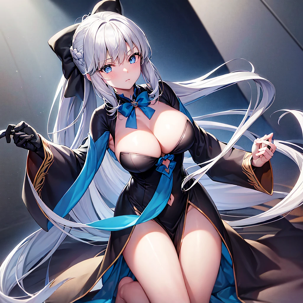 (Enrich the picture,Masterpiece level quality)Beautiful 8K CG artwork,morgan le fay (fate), blue eyes, Long Hair, pony tail,Very long hair, big , black bow, looking at viewer, gown, Hair Bow, thights, thights, black dress, Bangs, side locks, French braid, grey hair,Goddess-like posture,Kneeling exercise,Slim and soft,Translucent skin,big solo))),
