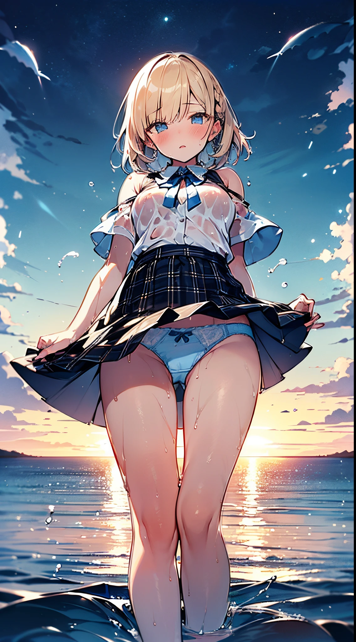 masutepiece, Best Quality,Illustration, Wallpaper, Ultra Detail, absurderes, 1girl in, Solo, (Medium short hair、short braided hair), Beautiful detailed eyes, beautiful detailed fingers,with blush cheeks,after rain , (ocean type:1.3), Night sky after rain, Hair that flutters in the wind,(a panoramic view:1.3),(Sense of depth:1.5),(longshot:1.3)、natta,(dark sky) ,(starrysky),White blouse, (shoulders can be seen:1.3), (Wet:1.2), (with thin ribbon), Short pleated skirt, (Flowing in the wind:1.3), (Light blue panties are visible:1.2), (Plaid), arms visible, clean breasts, I can see your elbow,thigh visible, buttocks visible, (Wet)