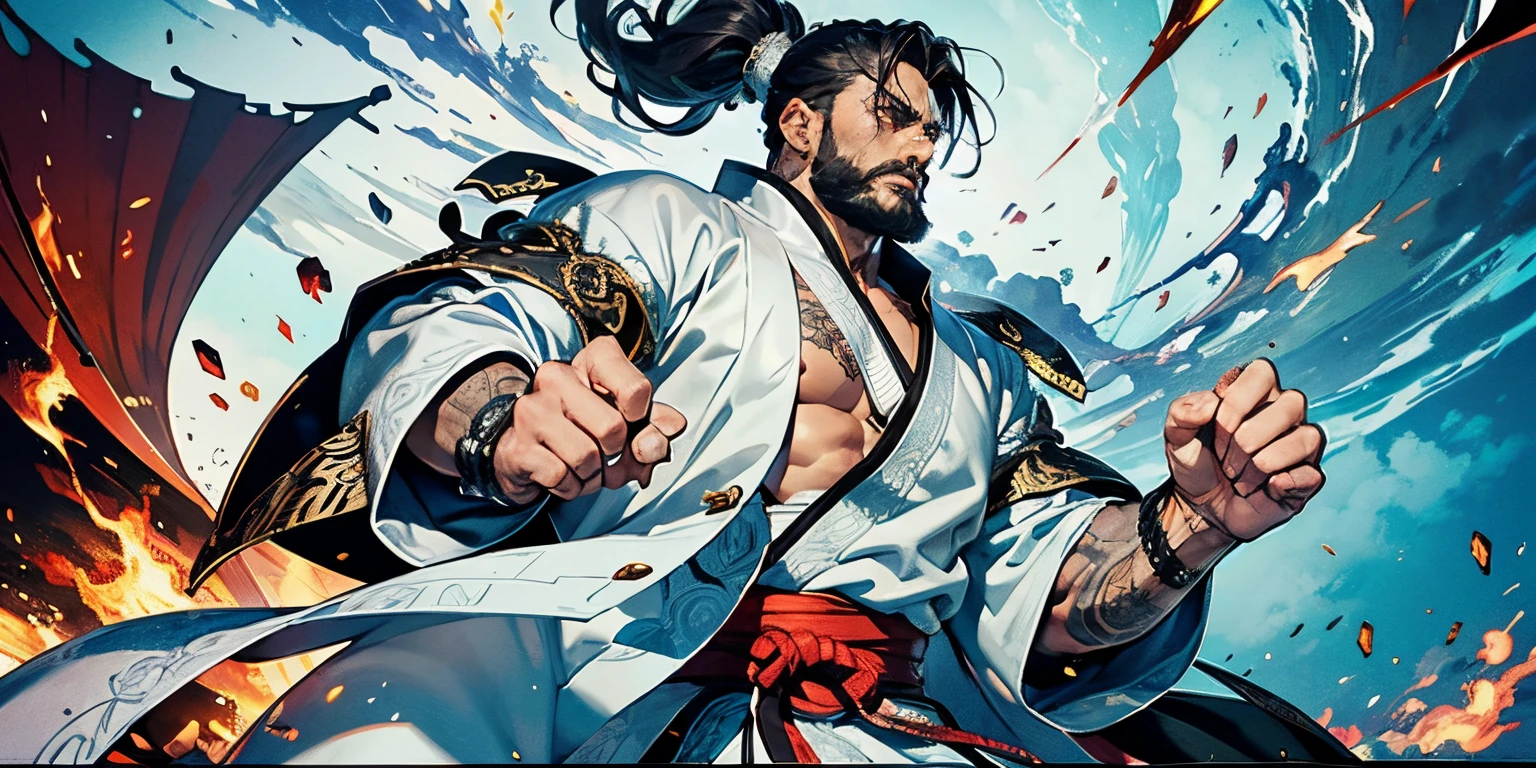 tmasterpiece, Best quality at best, hyper-detailing, CG illustration, Proper shading, Best quality,8K,tmasterpiece,Master illustration,rich graphics,1人,Thick eyebrows,Gray eyebrows,Blackbeard,Bearded,big beard,Real men,Tough guy,Handsome,chest muscle,Abs,open your chest,tattoo is,A majestic countenance,Faust,bandagens,angry look,Taoist,Taoist robes,robe,Black and white,taichi,Martial artist