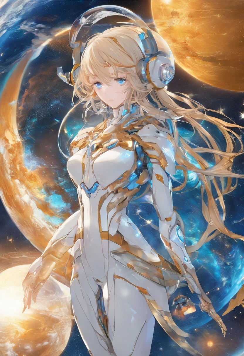 blue tone、​masterpiece、perfect-composition、low angles、top-quality、Official art、Extreme details、Stellar lumen、cosmic space、Milky way、Mysteries of the universe、Silence、Cosmic Light、Well-groomed beauty、Goddess of Wisdom、Inherited Intents、Memory of antiquity、sapphire eyes、Long Blonde Hair、Tall and lean、resolute、dignity、age 30s、noble、wear a blue space suit、True、good、pleasing、Intricate details、Oil Painting、Best Quality、the golden ratio