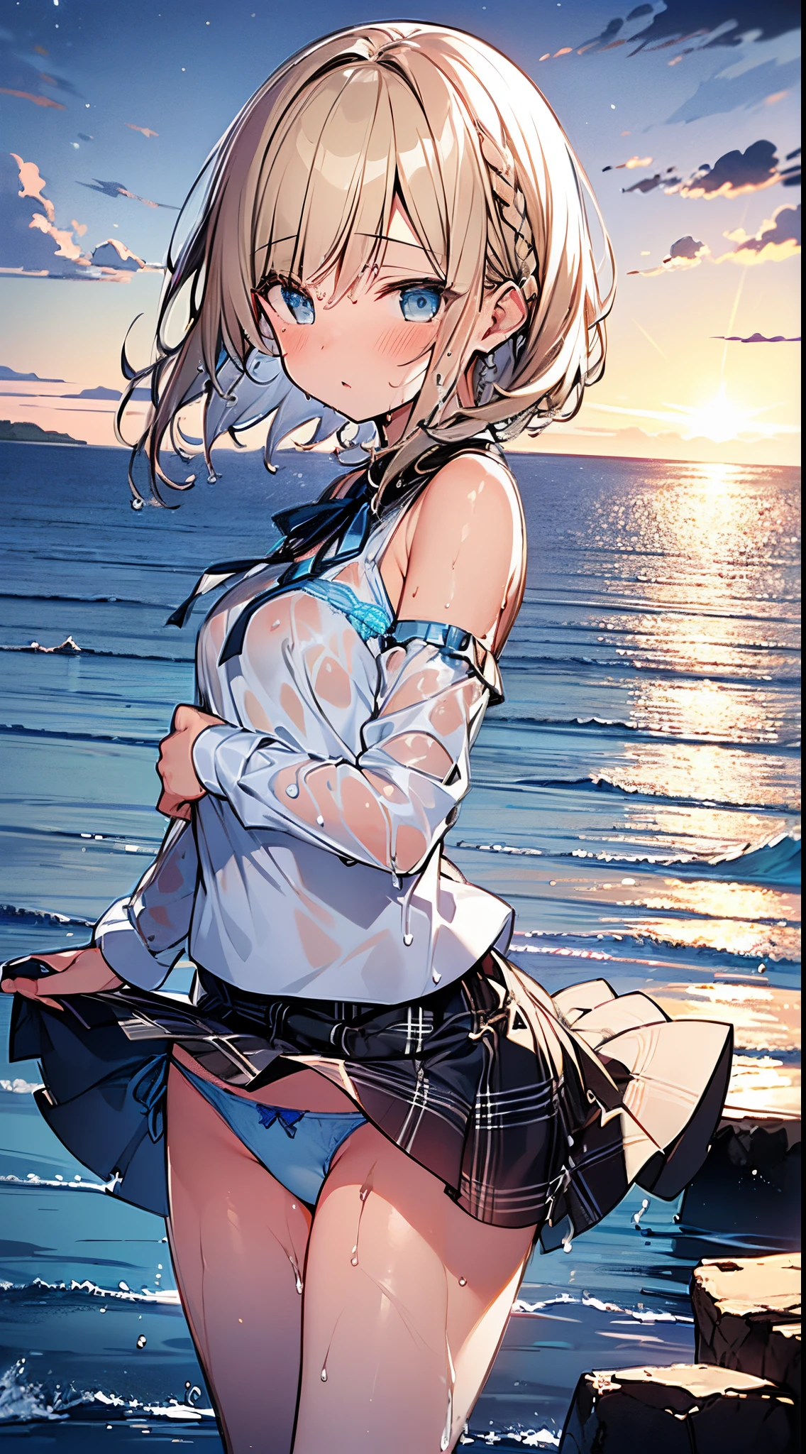 masutepiece, Best Quality,Illustration, Wallpaper, Ultra Detail, absurderes, 1girl in, Solo, (Medium short hair、short braided hair), Beautiful detailed eyes, beautiful detailed fingers,with blush cheeks,after rain , (ocean type:1.3), Night sky after rain, Hair that flutters in the wind,(a panoramic view:1.3),(Sense of depth:1.5),(longshot:1.3)、natta,(dark sky) ,(starrysky),White blouse,  (shoulders can be seen:1.3), (Wet:1.2), (with thin ribbon), Short pleated skirt, (Flowing in the wind:1.3), (Light blue panties are visible:1.2), (Plaid), arms visible, clean breasts, I can see your elbow,thigh visible, buttocks visible, (Wet)