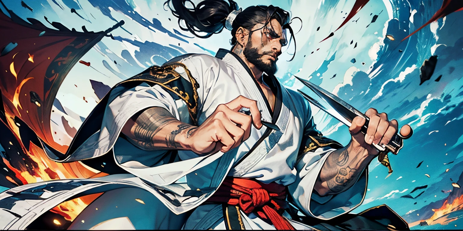 tmasterpiece, Best quality at best, hyper-detailing, CG illustration, Proper shading, Best quality,8K,tmasterpiece,Master illustration,rich graphics,1人,Thick eyebrows,Gray eyebrows,Blackbeard,Bearded,big beard,Real men,Tough guy,Handsome,chest muscle,Abs,open your chest,tattoo is,A majestic countenance,Faust,bandagens,angry look,Taoist,Taoist robes,robe,Black and white,taichi,Martial artist