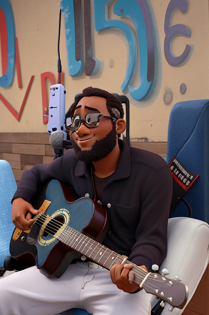 Musician with a guitar and microphone in front, pele chocolatada estilo pixar, alta qualidade, melhor qualidade