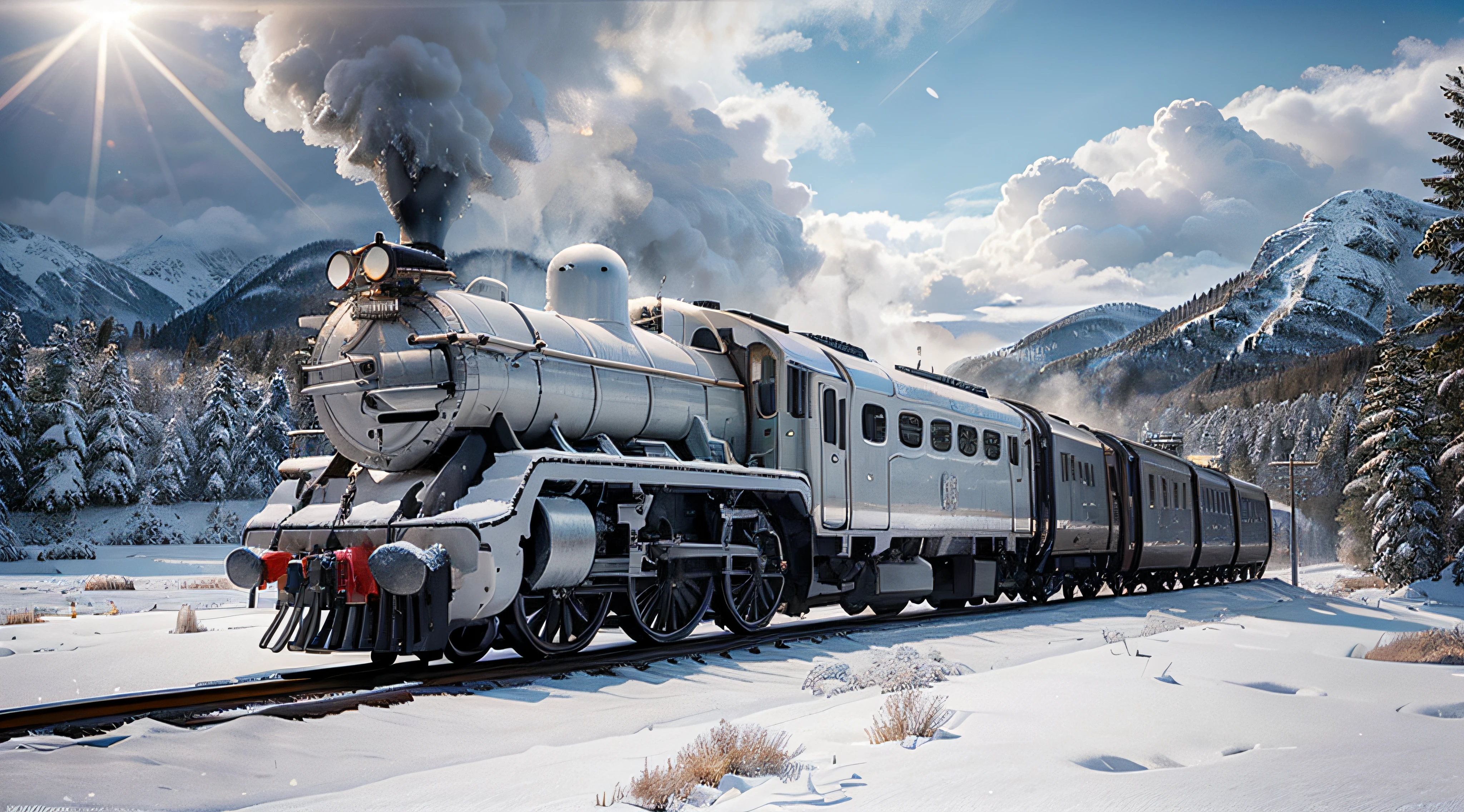 high quality, fancy, beautiful detailed illustration, digital photography: (SNOWPIERCER) white train on moving ice. a beautiful detailed locomotive (white, snowflake drawing), post-apocalyptic world, frozen landscape, trail perspectives in snow and frost, dark clouds, falling snow, icy mountain, rays of sun shining fine through clouds, captivating sense of speed, bright colors, impressive scale, professional studio lighting.