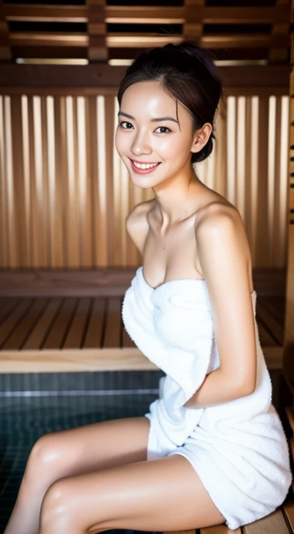 1girl in, Solo, (masutepiece, Best Quality, 8K,,Photorealistic, Real Girl, mulberry:1.37), look up at viewer, 18-year-old pretty Japan, Slender body type: 1.1, Small breasts, Sitting, sauna, Double eyelids, drooing eyes, A dark-haired, (Sweaty face, Sweaty body: 1.2): 0.2, (White Oversized Towel Dress, Strapless), (White towel turban: 1.1), Finnish sauna, Realistic body, makeups, gloss lips, Focus on Face, Smaller face, a smile、A smile、Sharp Focus, layered cut, Facing the viewer, Saunas include:.., Shot from the front