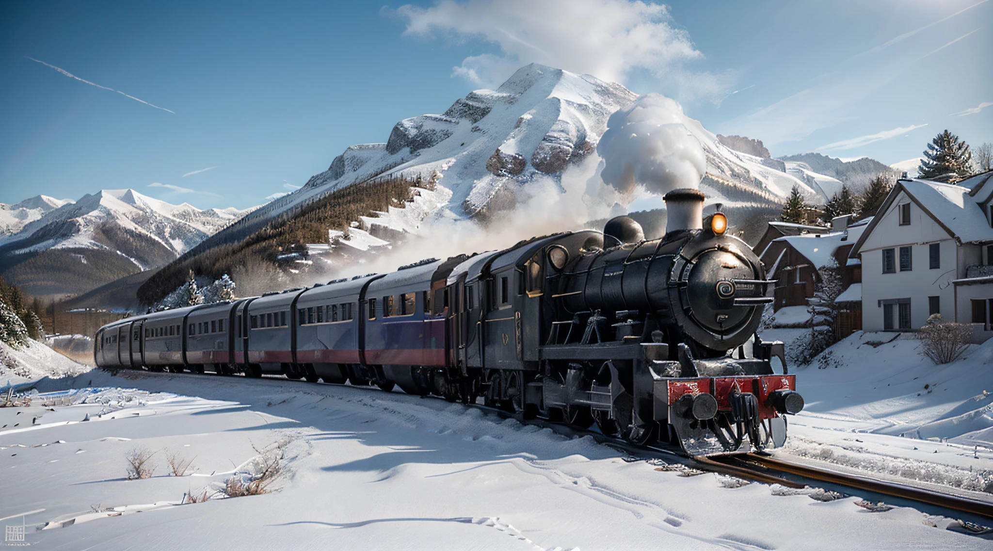 high quality, fantasy, detailed digital photography: (SNOWPIERCER) white train on moving ice. a beautiful detailed locomotive (white, snowflake drawing), post-apocalyptic world, frozen landscape, post-apocalyptic landscape, trail prospects in snow and frost, dark and distressing clouds, falling snow, icy mountain, Captivating sense of speed, bright colors, impressive scale, professional studio lighting.