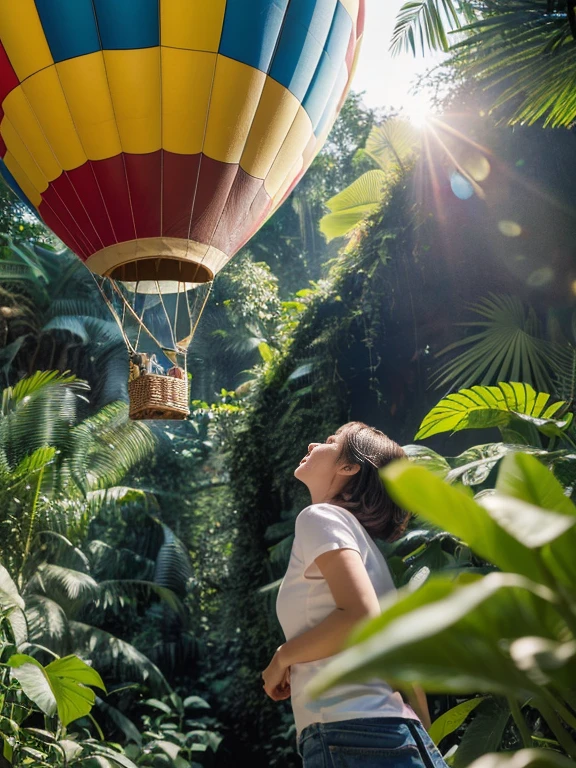 ((top-quality、in 8K、​masterpiece:1.3、Raw photo))、Super high quality photos, Hot air balloon flying high above the vast jungle, Under the balloon is a vast tropical jungle, (Photorealistic: 1.4), (hyper realisitic: 1.4), (Realistic: 1.3), (Smooth lighting: 1.05), (Improved film illumination quality: 0. 9), 32K, (Quality Improvement: 1.4), Cinematic lighting、((Hot air balloon flying high above the vast jungle)), ((Japanese female idol looking down inside one of the hot air balloon cages)), ((Perfect beauty)), ((Slim and beautiful proportions)),