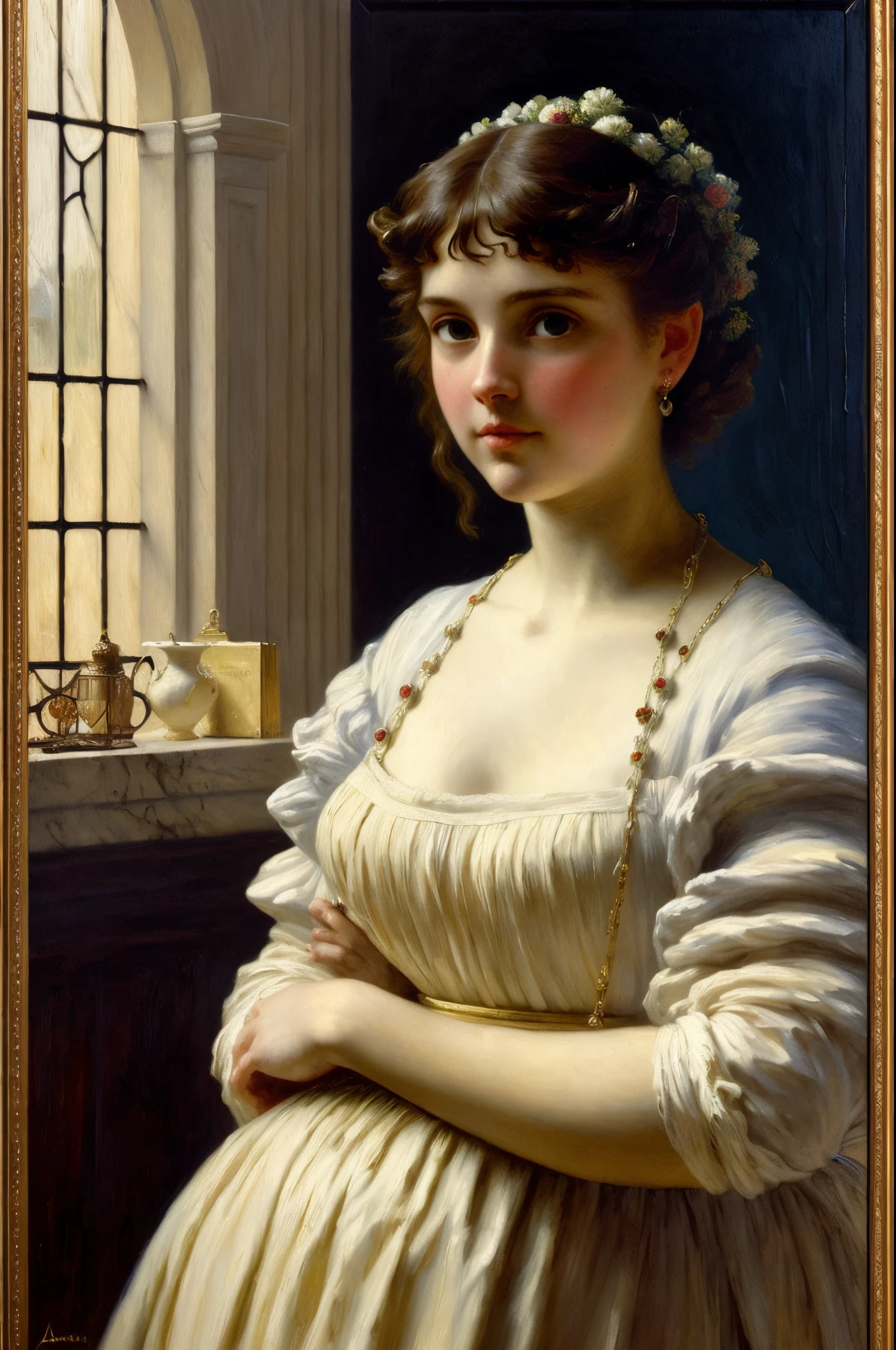 "grace" (in the style of Laura Alma-Tadema), Genre painting, fresh oil painting, palette canvas/acrylic, Intricate, extreme hight detail, Complex key, ((Single Shot)), ((Best Quality)), ((Masterpiece)) , ( (Realistic)), (IDEAL), 8K, impressionism: 0.2 Обои Full HD