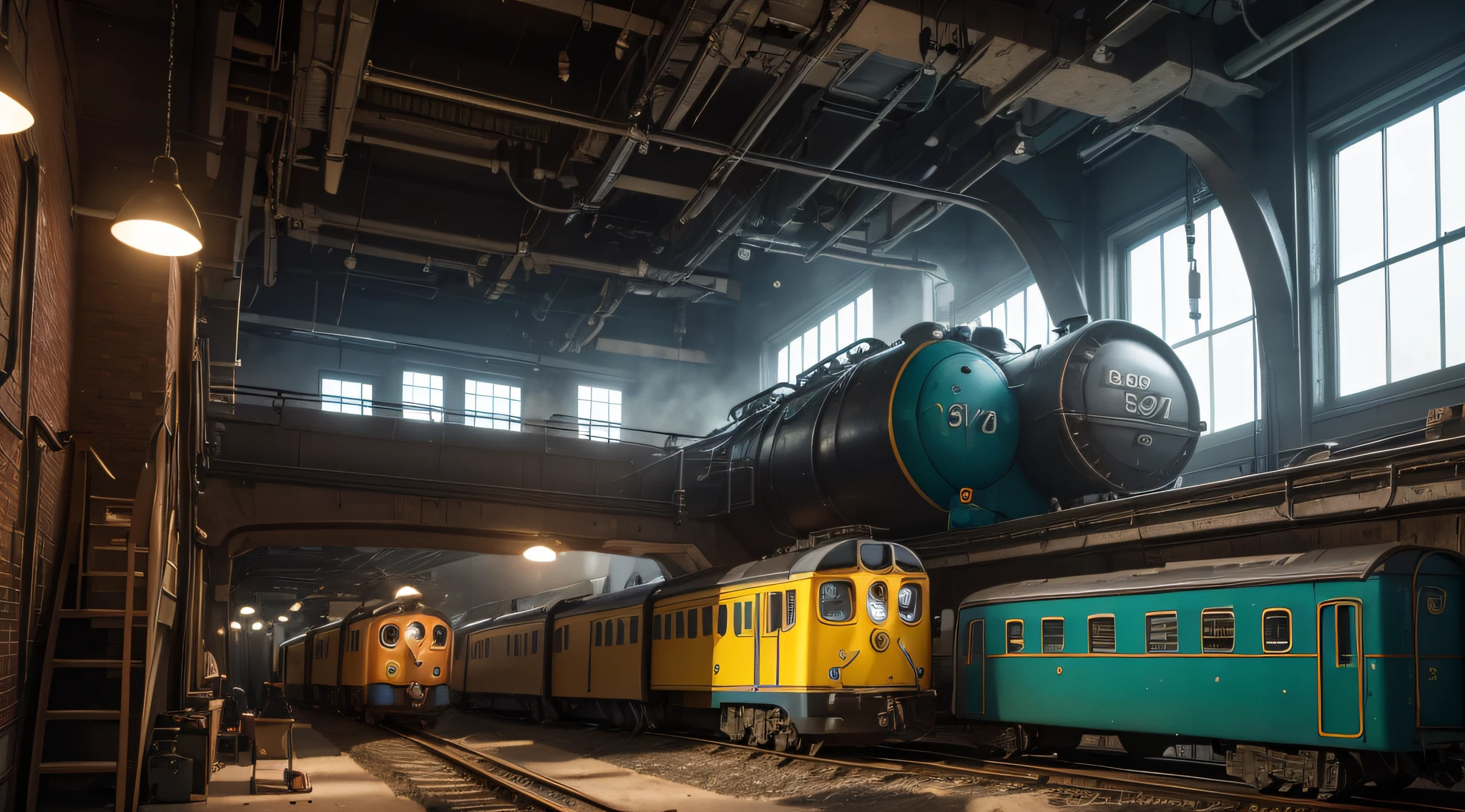 high quality, HDR,  fantasy, beautiful detailed illustration, digital photography, 16K : underwater train in motion underwater, a beautiful detailed locomotive (blue and white reflection, seashell relief drawing), underwater runway perspectives, waves of water bubble, imposing corrals, swimming fish, sun rays shining through the water, captivating sense of speed, bright colors, impressive scale, professional studio lighting.